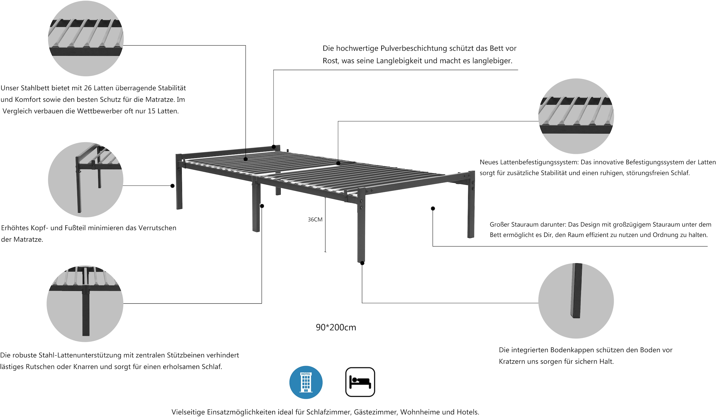 INOSIGN Metallbett »LIST Bett Bettgestell Bettrahmen Einzelbett Doppelbett«, (Stahlbett schwarz in TOP Qualität und 4 Breiten), Bett mit 26 Lattenroste zum Schutz der Matratze Bestseller