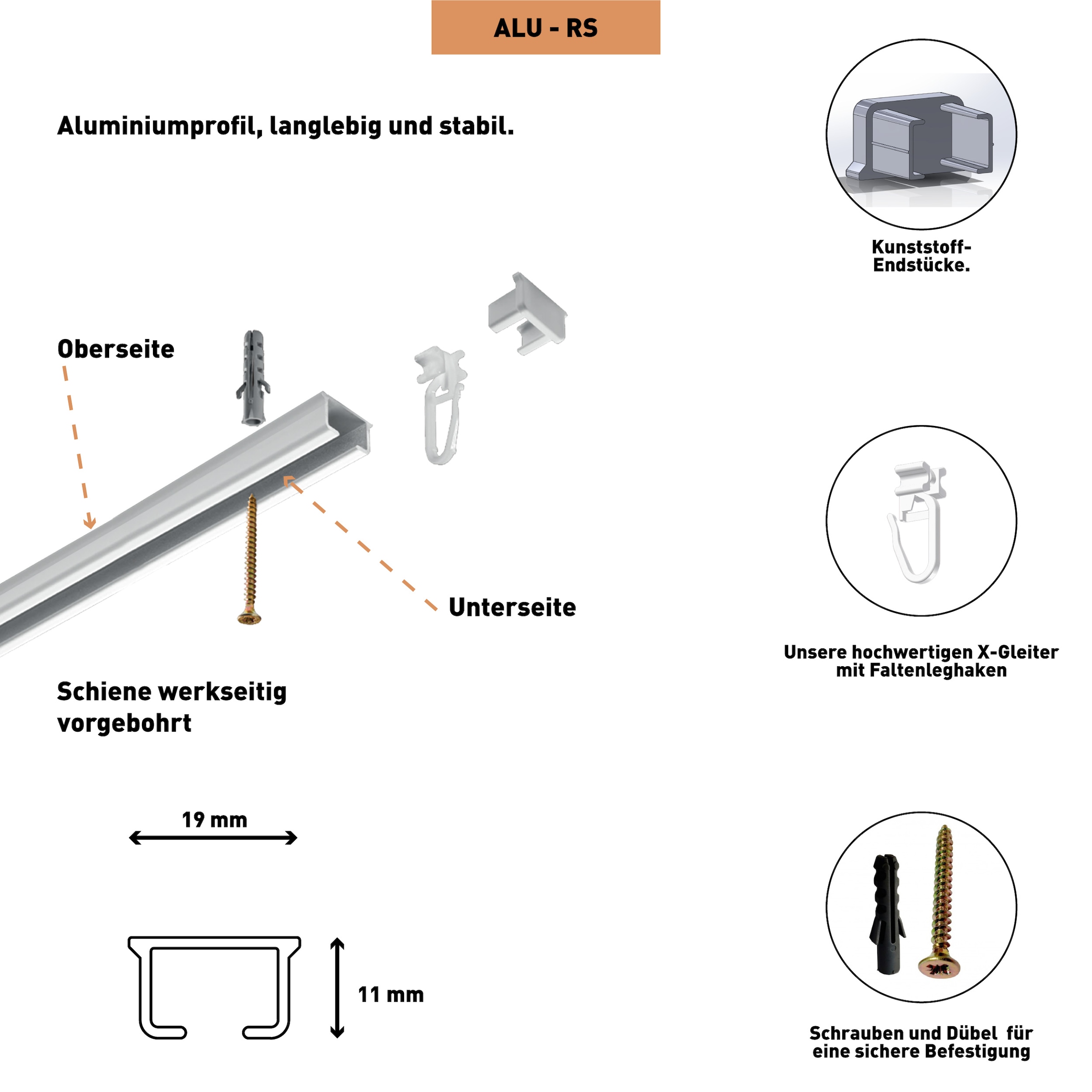 SN DECO GROUP Gardinenschiene »Objektschiene RS«, 1 läufig-läufig, Fixmass, vorgebohrt, Aluminium, Innenlauf, Vorhangschiene