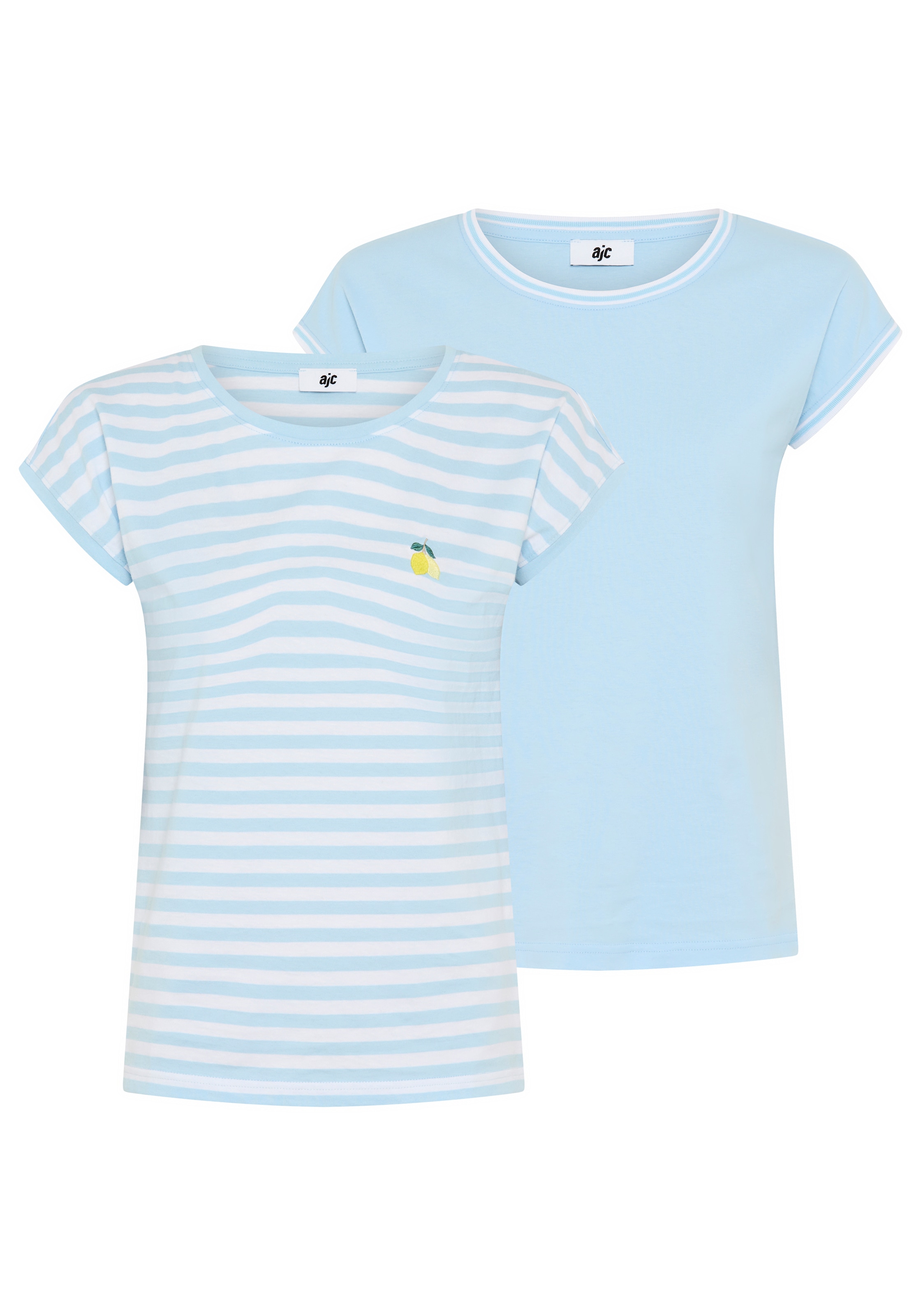 AJC Shirt à col rond 2er-Pack,  gestreift mit Stickerei und einfarbig mit sportlicher Blende