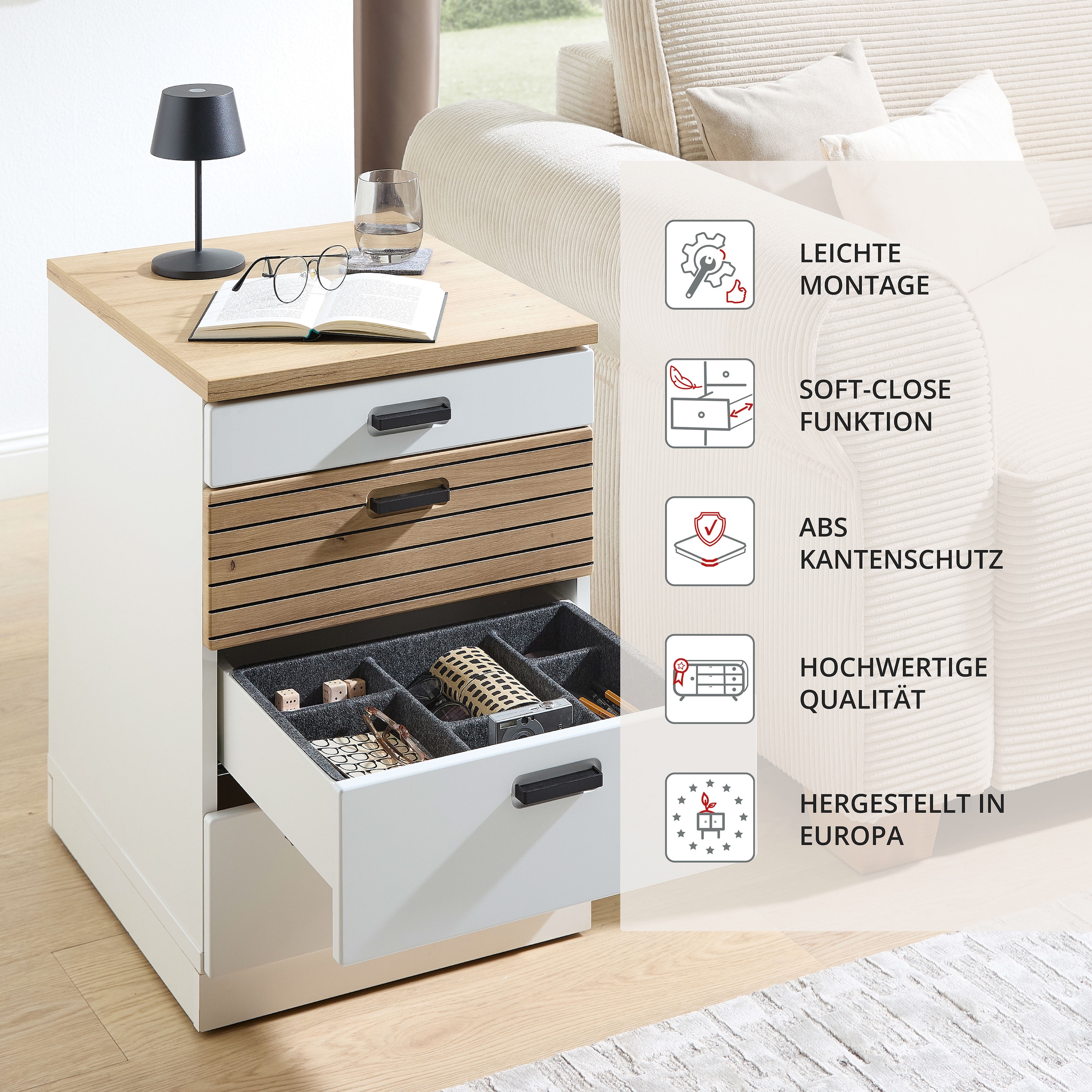 Innostyle Caisson à roulettes »Rollcontainer Glenn, 45 x 66 x 55 cm (B/H/T)« 1 cuis tlg. incl. insert en feutre, 4 roulettes (2 avec freins) ou socle, SK Soft-Close