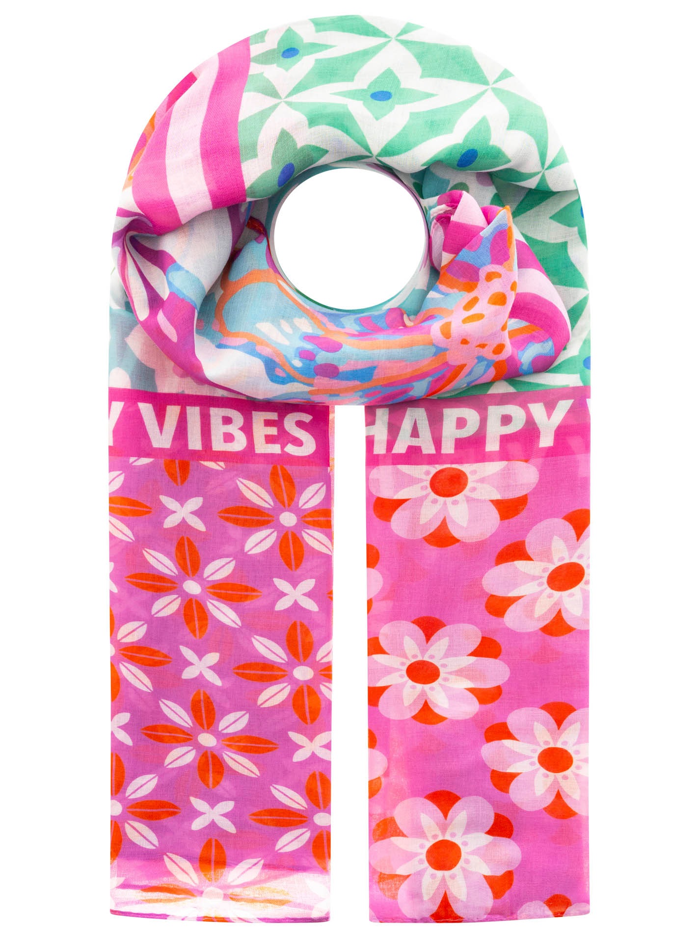 Zwillingsherz Schal ""Flower Block"" Florales Muster mit Schriftzug, transparent
