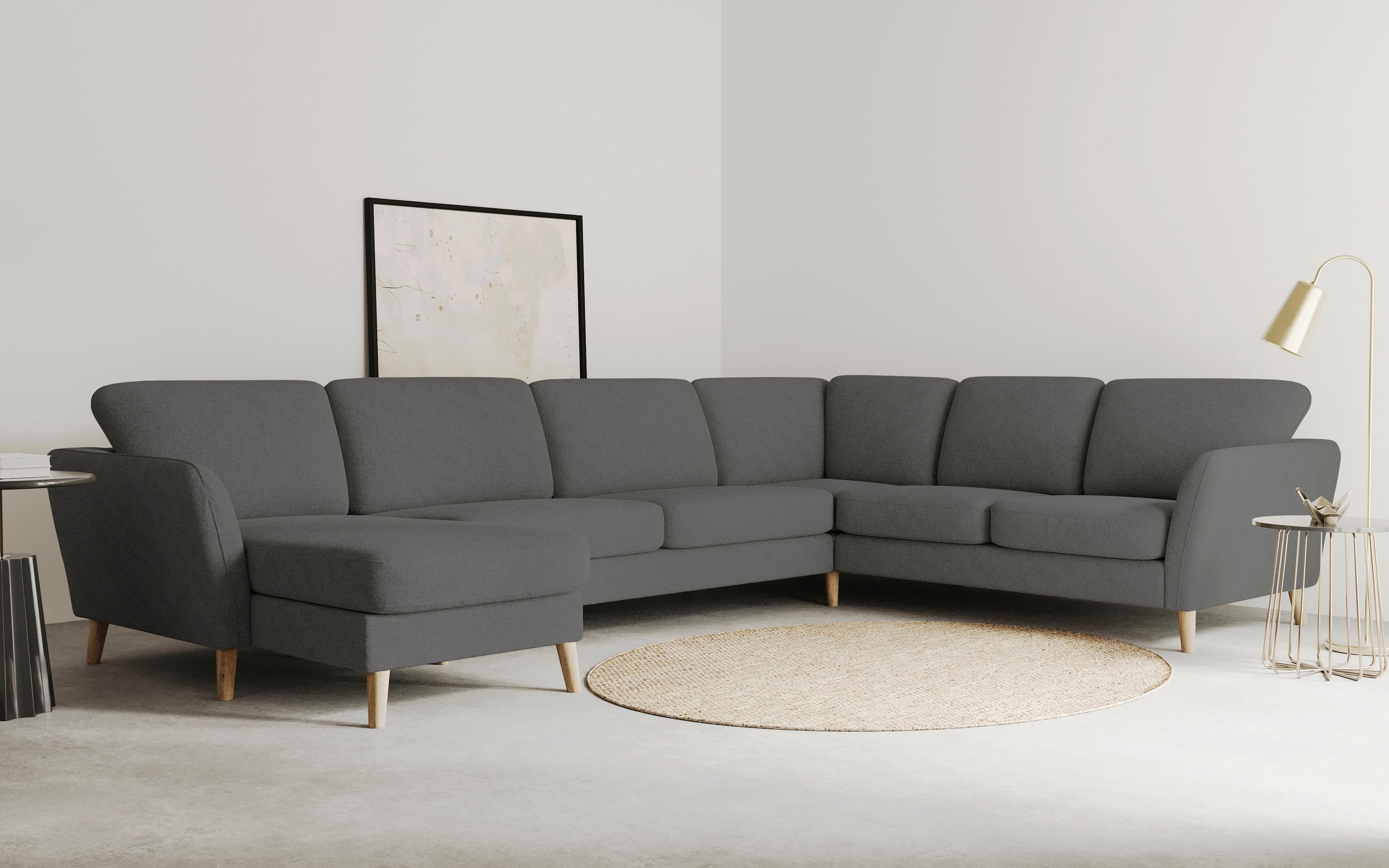Image of Home affaire Wohnlandschaft "MARSEILLE XXL 349cm, U-Form, Ottomane rechts/links wählbar" Massivholzbeine Eiche, Landhausstil, Wellenunterfederung