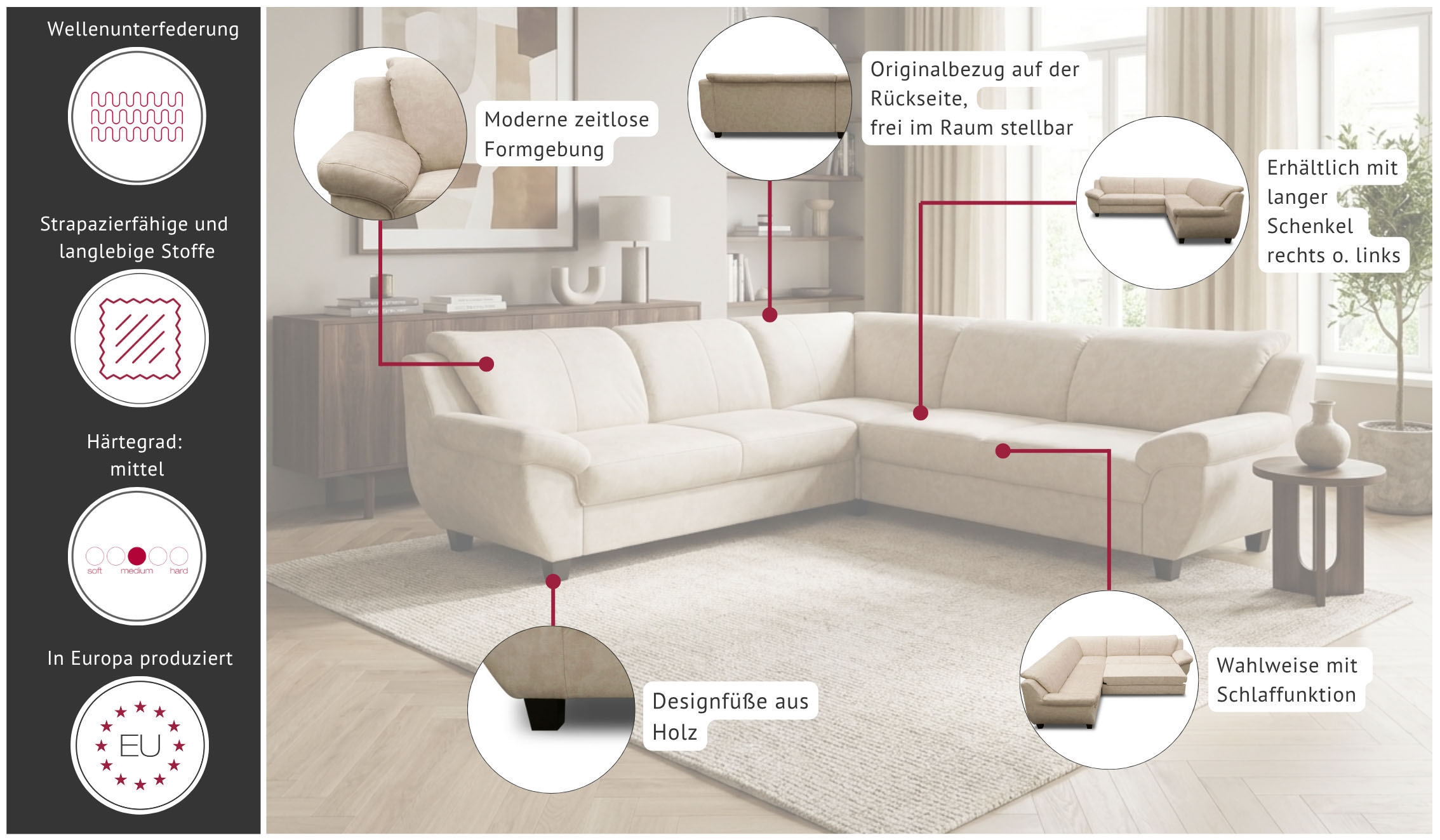 GOODproduct 1100000002199 »Sillkeborg 251 x 251 cm, formschönes Sofa mit dunklen Füssen« aus haustierfreundlichem Pet Friendly Bezug