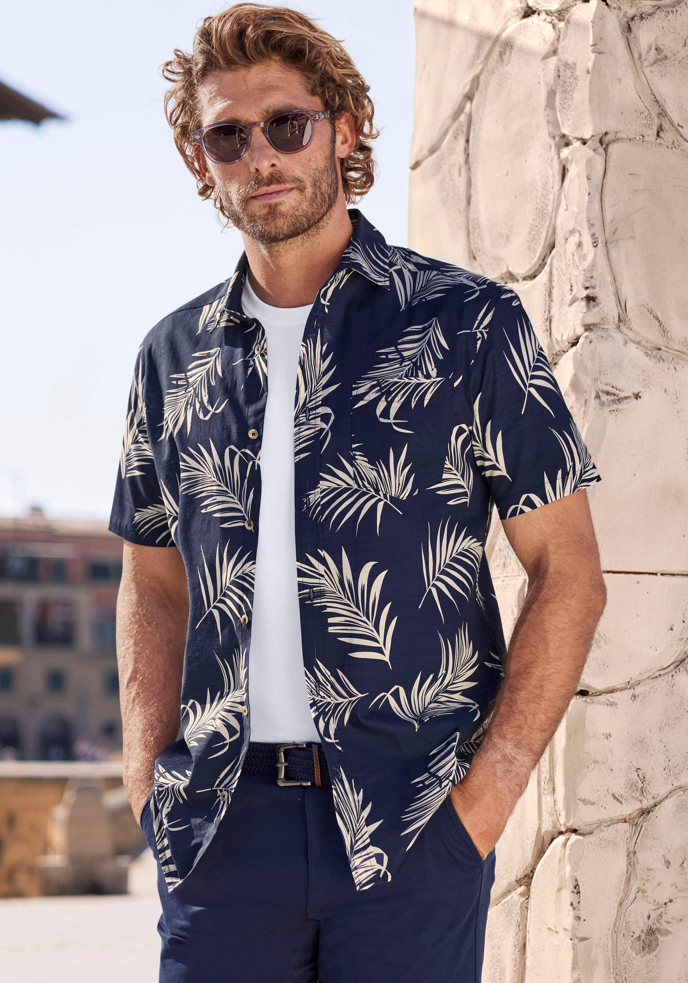 Hawaiihemd »Regular fit«, Langarm, Freizeithemd mit Palmenprint aus reiner Baumwolle