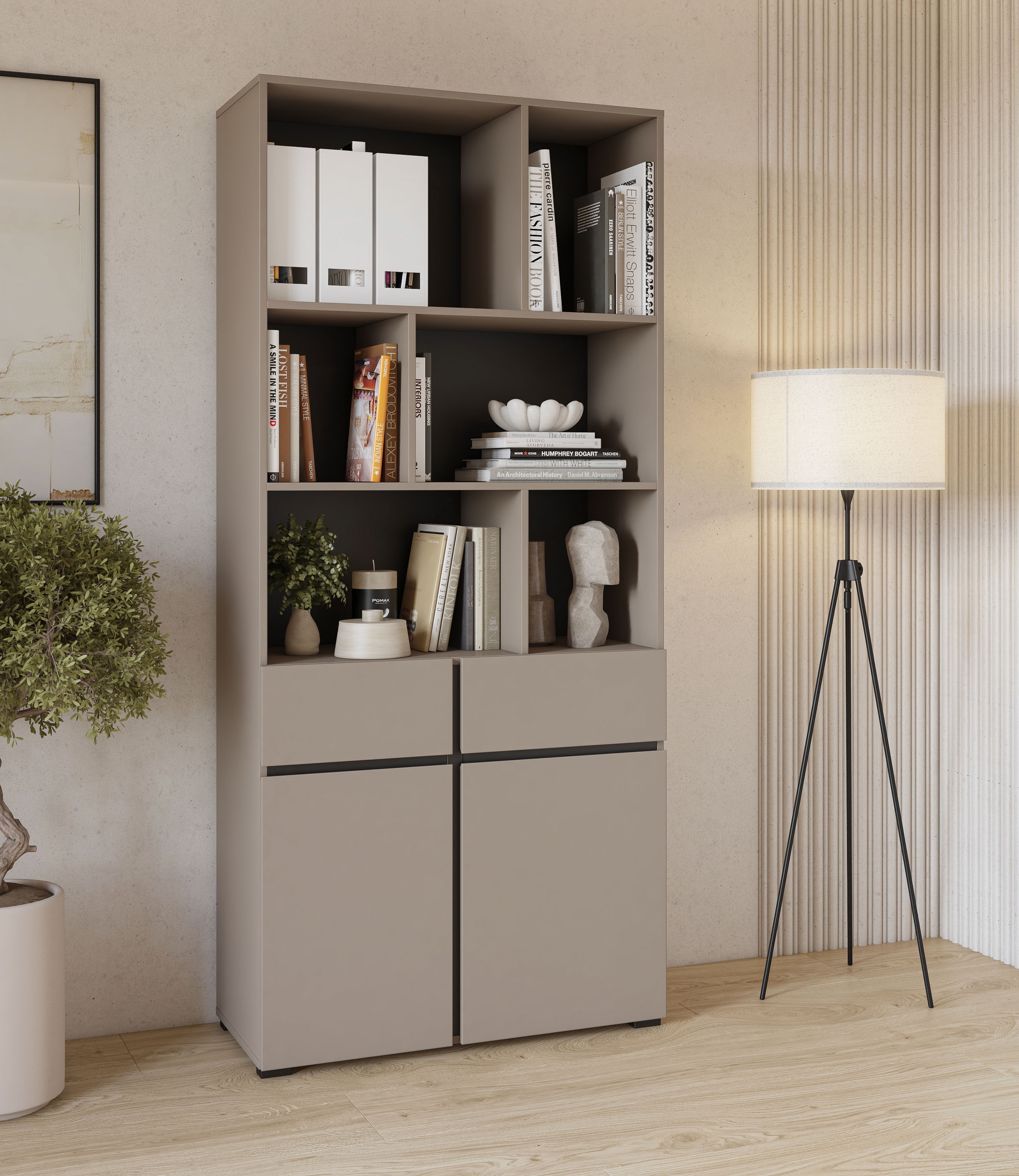GOODproduct Aktenschrank »Cross, Breite 85 cm, modernem grifflose Standregal, Bücherregal« Standregal mit 6 offene Fächern, 2 Schubladen und 2 Türen, Büroregal