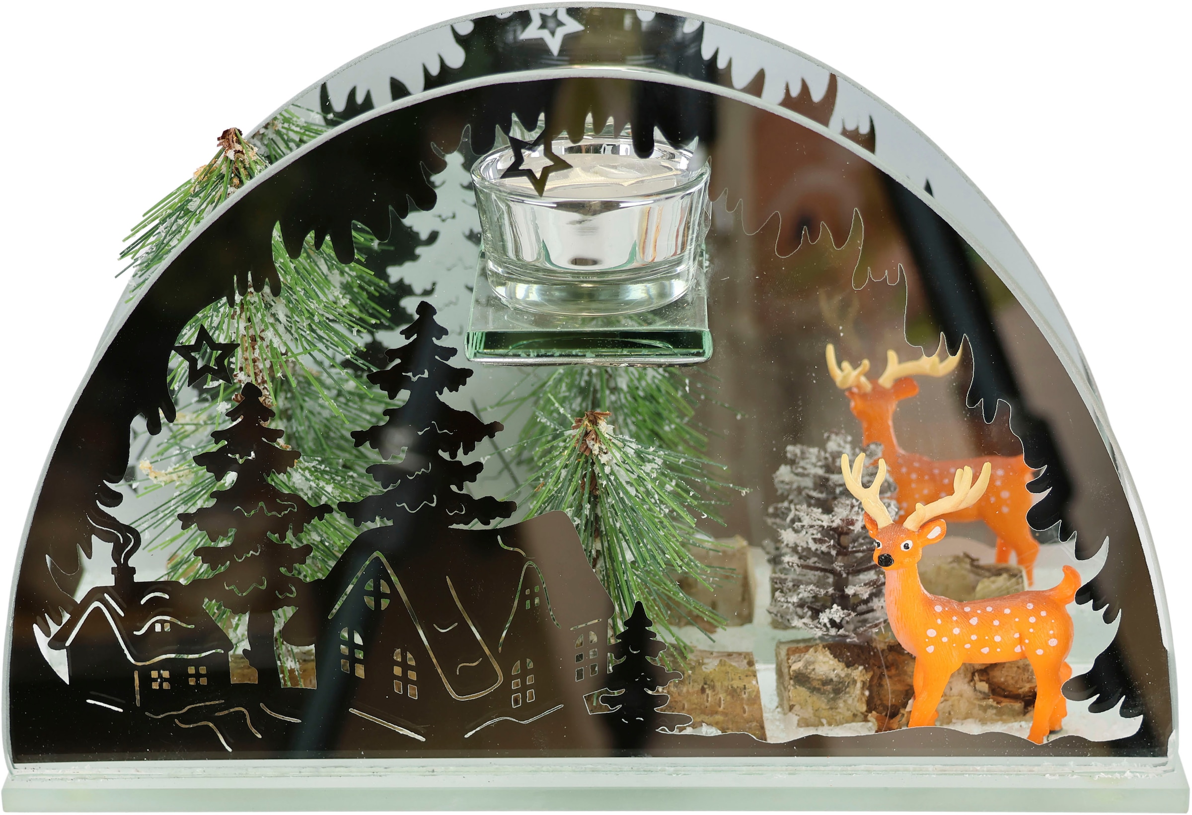 I.GE.A. Teelichthalter »Weihnachtsdeko, Kerzenhalter, Deko-Objekt«, (1 St.), aus Spiegelglas, mit Hirsch-Deko in Winterlandschaft, Höhe ca. 15 cm