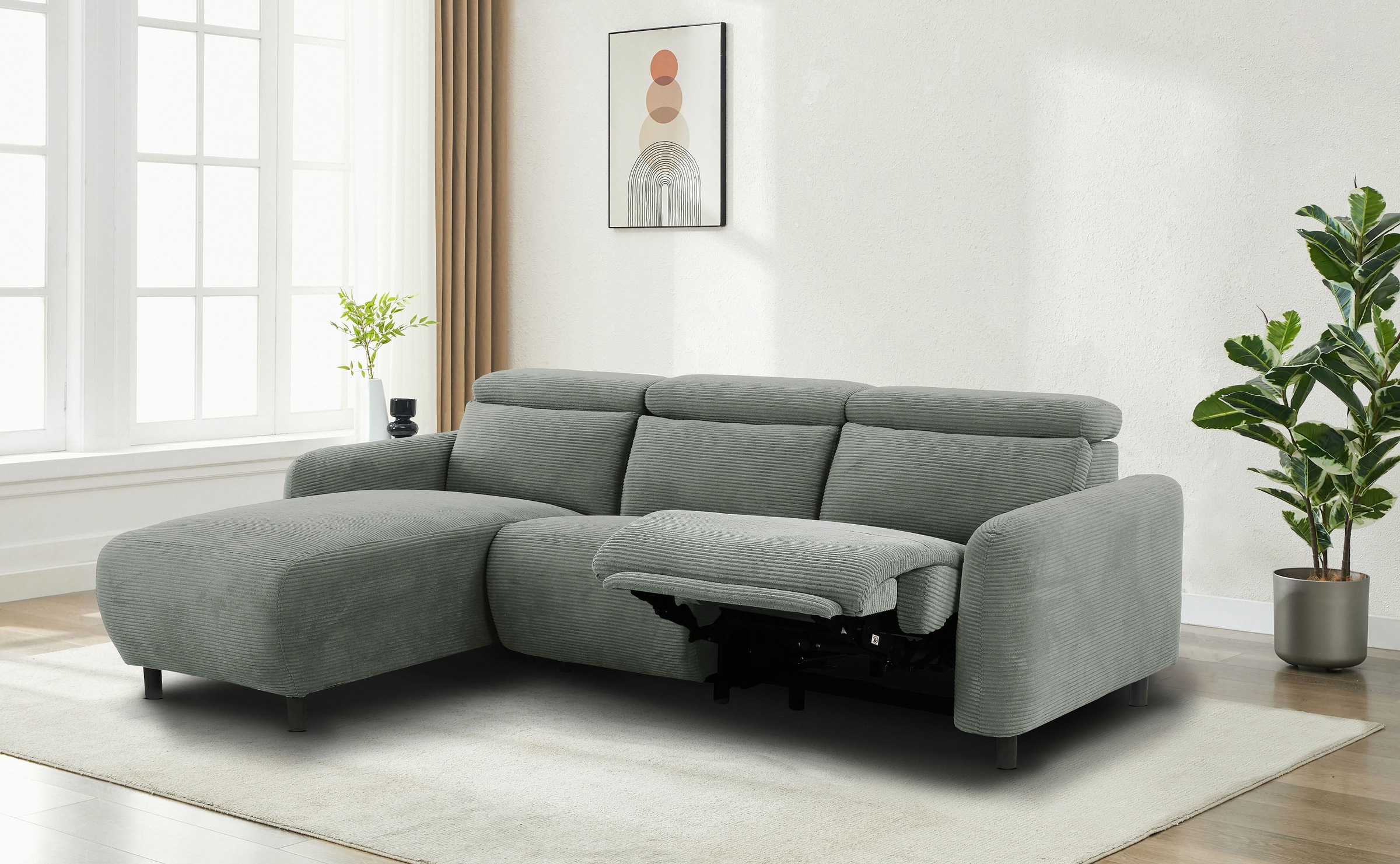Home affaire Ecksofa »SKAANE in Cord, L-Form, 274 cm, manuelle u. elektrische Relaxfunktion,« rundes Design, Kopfteilverstellung, Federkernpolsterung