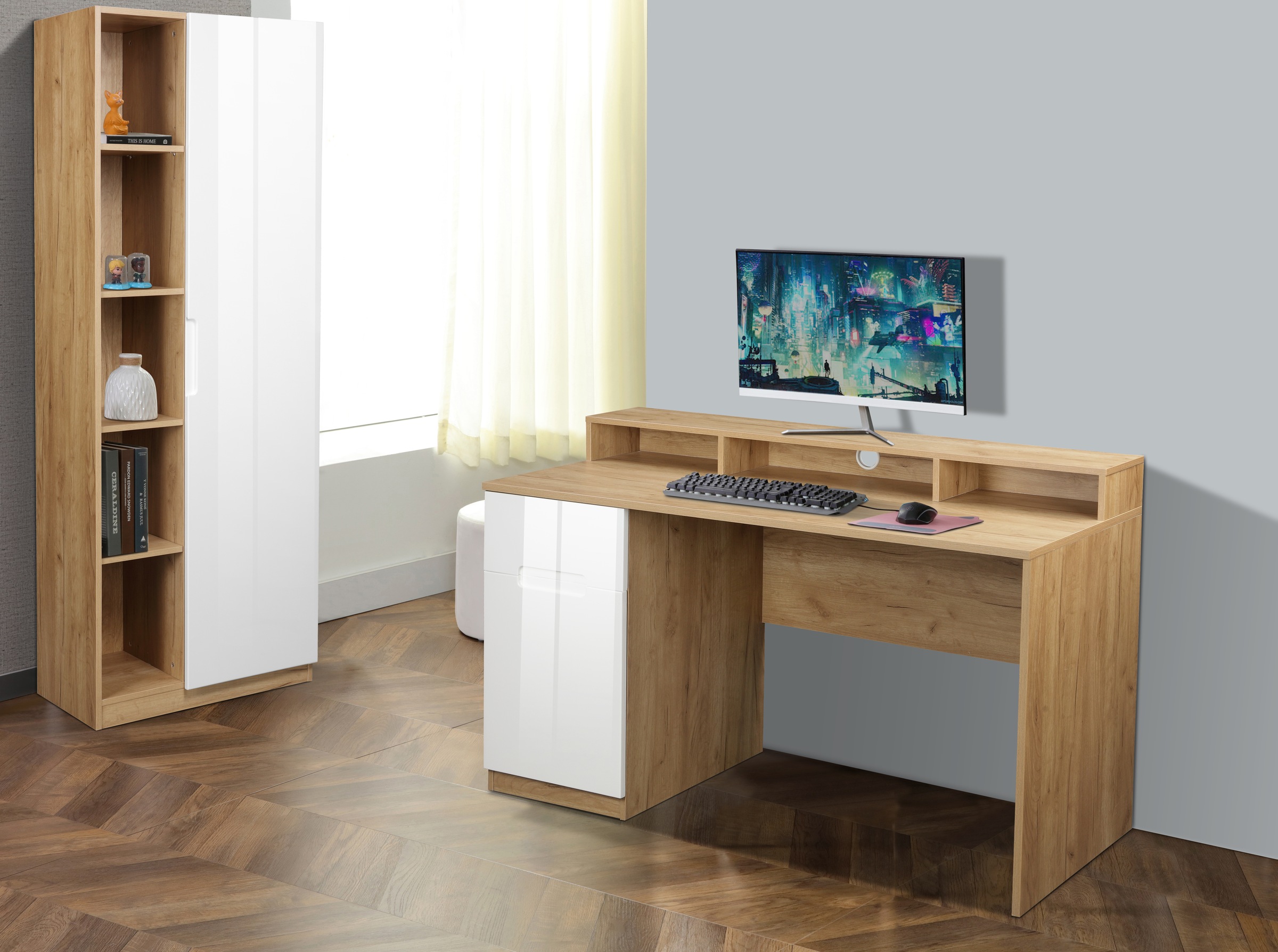 OTTO home Schreibtisch "Lund" Computertisch mit Kabeldurchlass & Schublade, Monitoraufsatz, Hochglanzfronten, Breite 140 cm