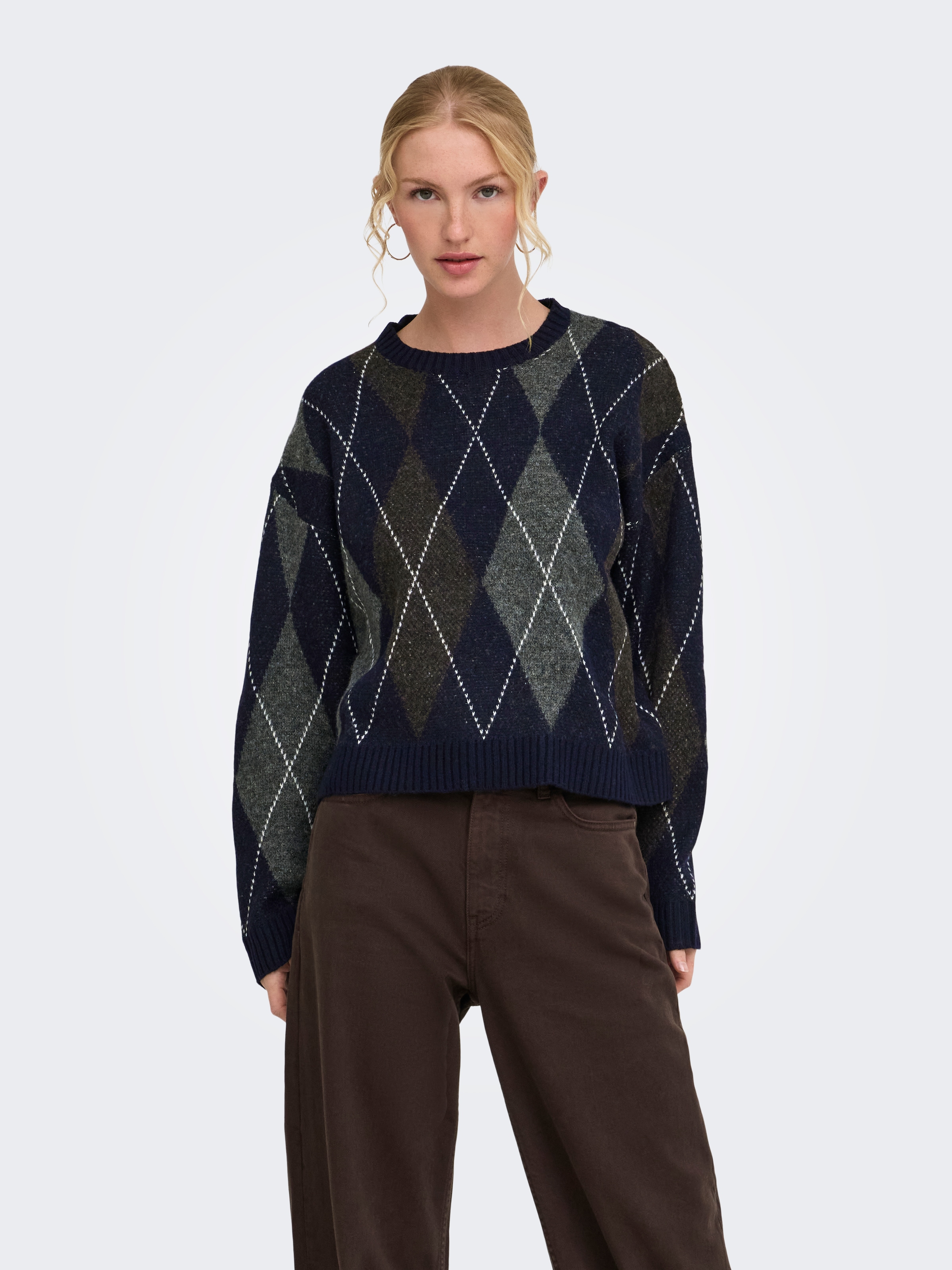 Image of ONLY Strickpullover "ONLRHOMBUS HARLEQUIN PULLOVER KNT NOOS" Materialmix mit Wolle und Stretch