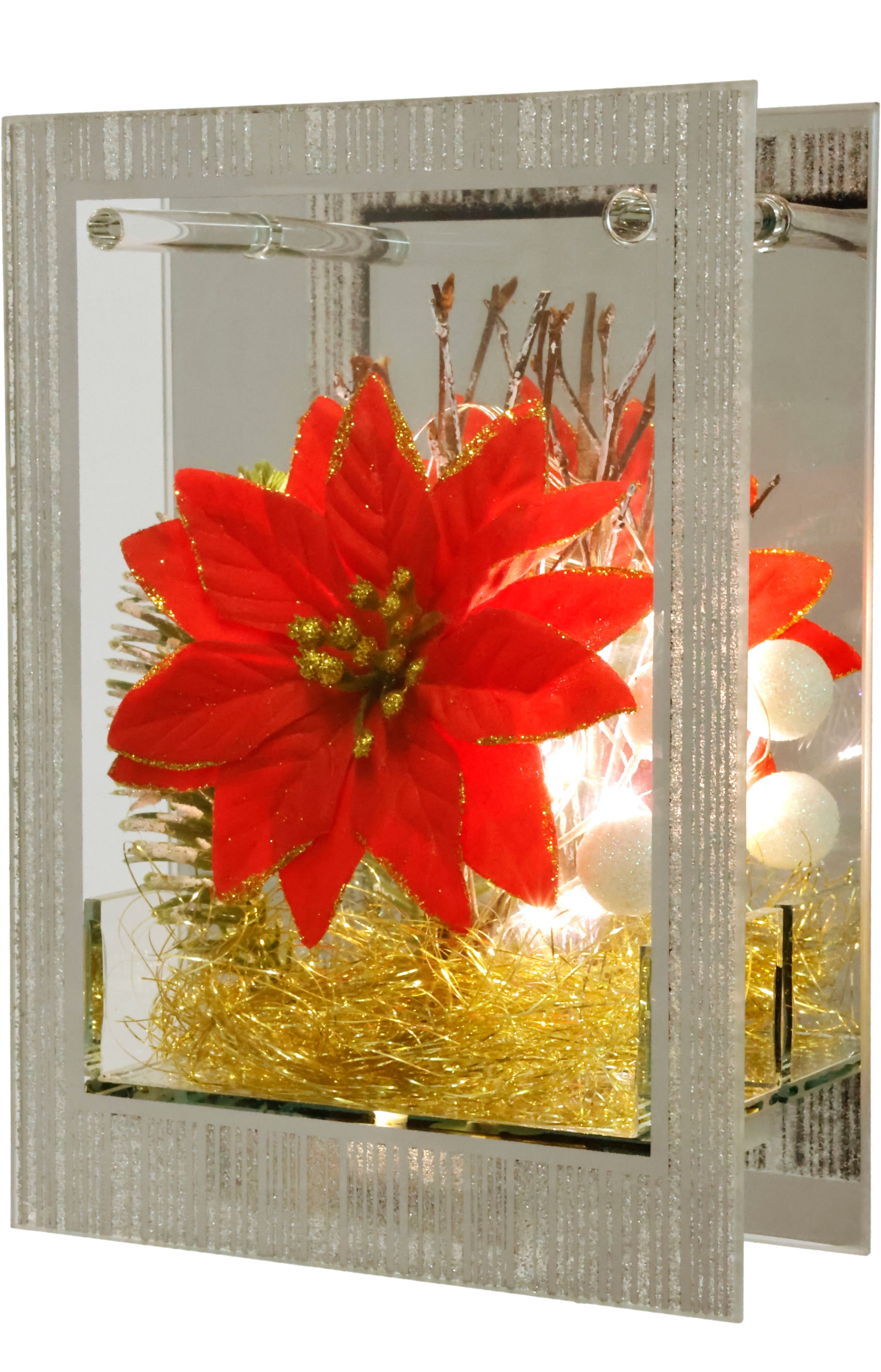 Image of I.GE.A. LED-Dekofigur "Dekoobjekt aus Glas mit LED Licht" Mit Weihnachtsstern Engelshaar Tannengrün Weihnachtsdeko Deko Geschenk
