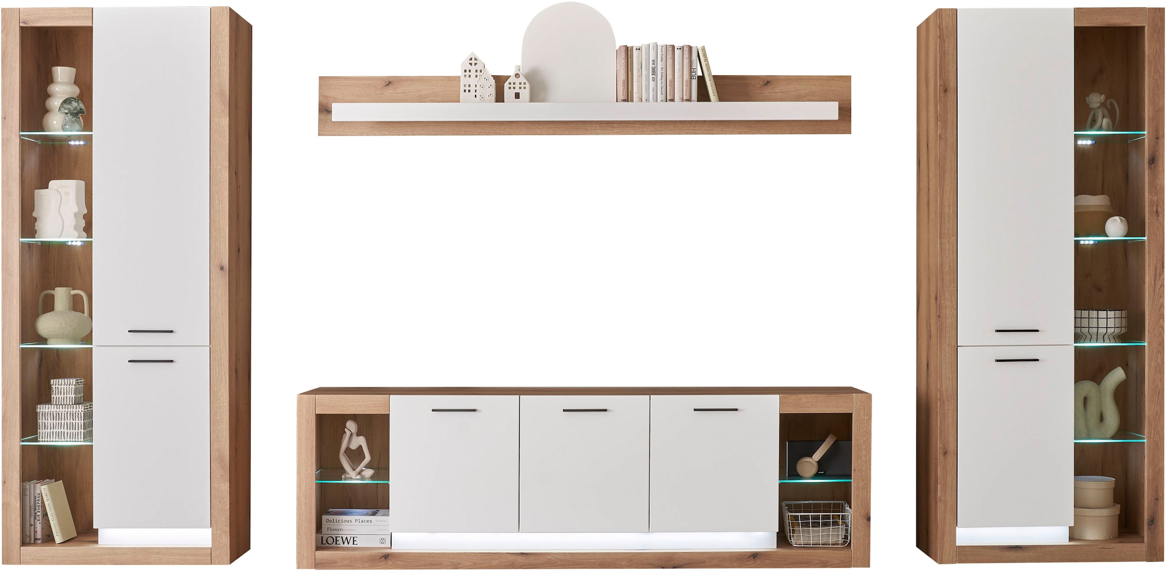 INOSIGN Wohnwand »Brixen, moderne Anbauwand, Wohnzimmer-Set, Eiche Evoke Dekor mit Weiss«, (Set, 4 St.), enthält Stauraumelemente, Lowboard und Wandboard