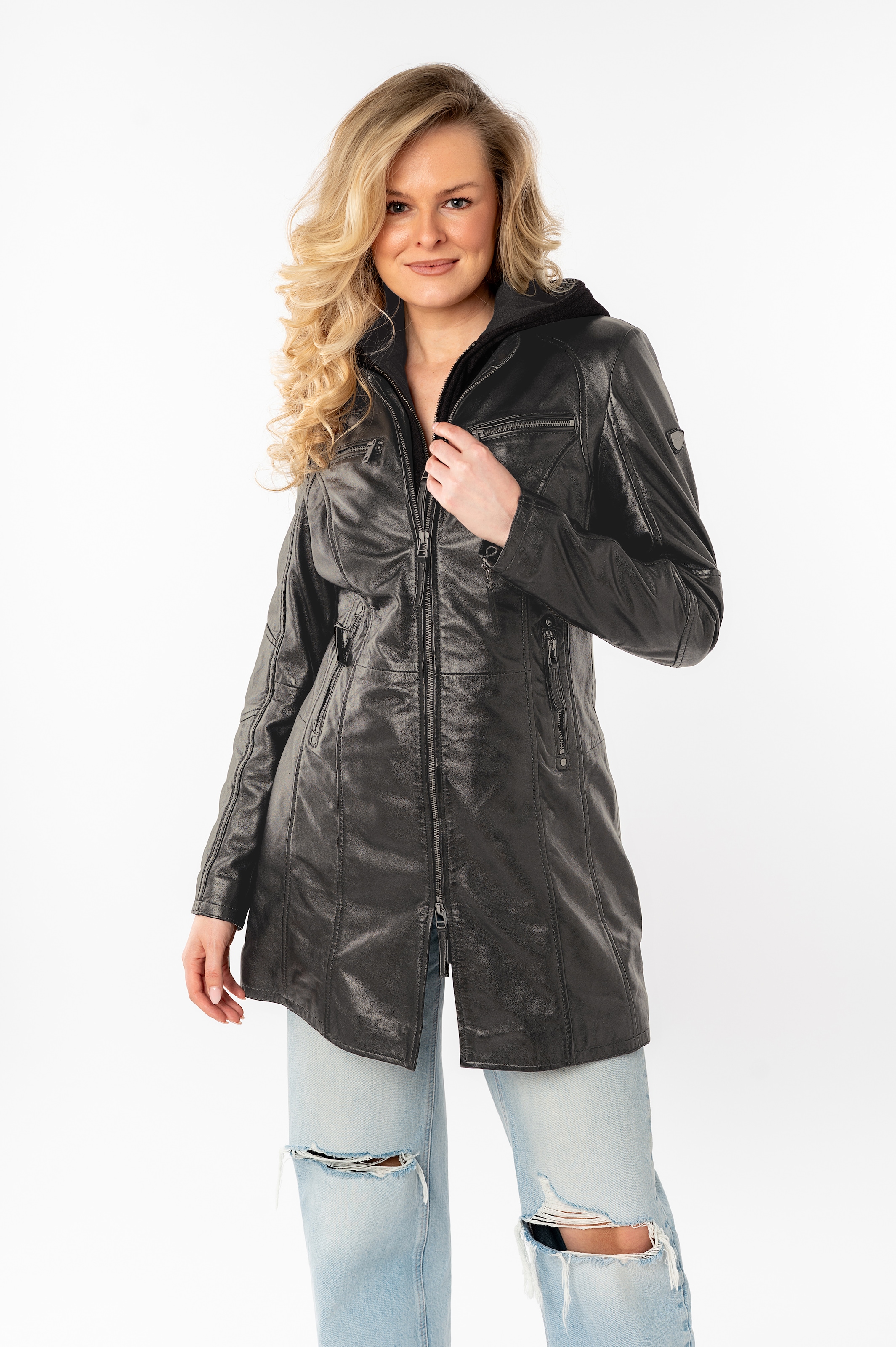 Mauritius Manteau en cuir »Bente« Veste en cuir 2-en-1 avec insert à capuche amovible en jersey