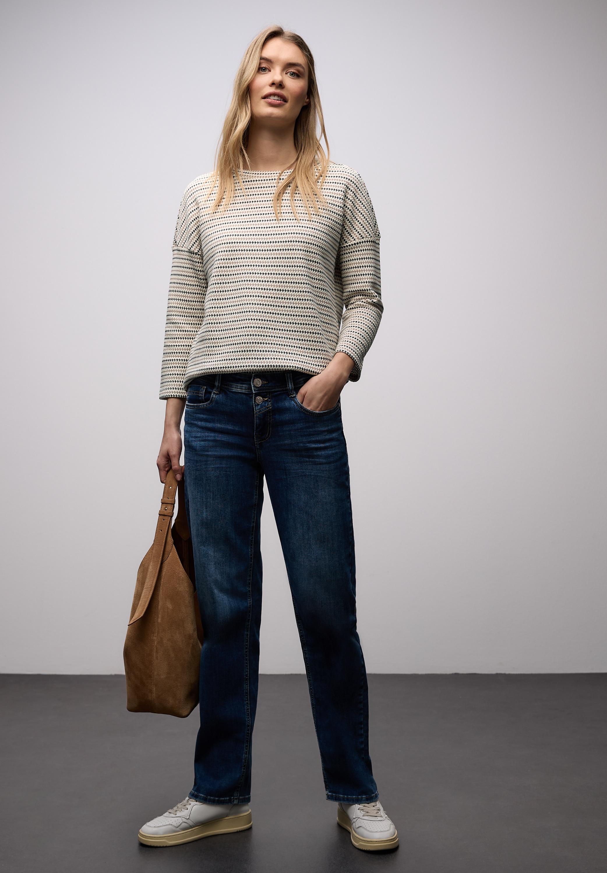 STREET ONE T-shirt à manches 3/4 mit gestreiften Strick-Look und U-Boot-Ausschnitt