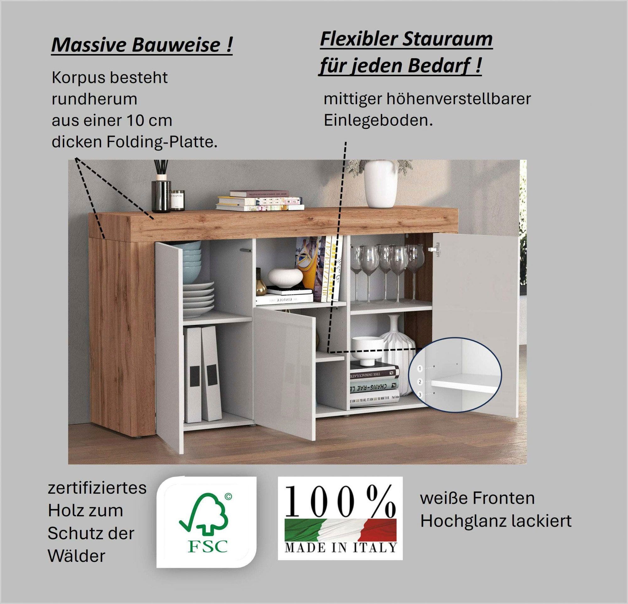 INOSIGN Sideboard »CHRONOS Breite 155 cm mit 3 Türen, 1 offenes und 6 geschlossene Fächer« 1 Stk. tlg. Sideboard,Kommode, Schrank, Grifflos mit Push to Open, Made in Italy