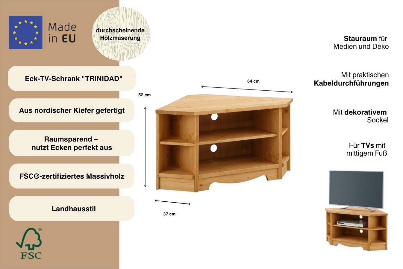 GOODproduct Lowboard »Trinidad, TV-Schrank, Eck-TV -Schrank« Kommode, Breite 105 cm,  FSC® zertifiziertes Massivholz