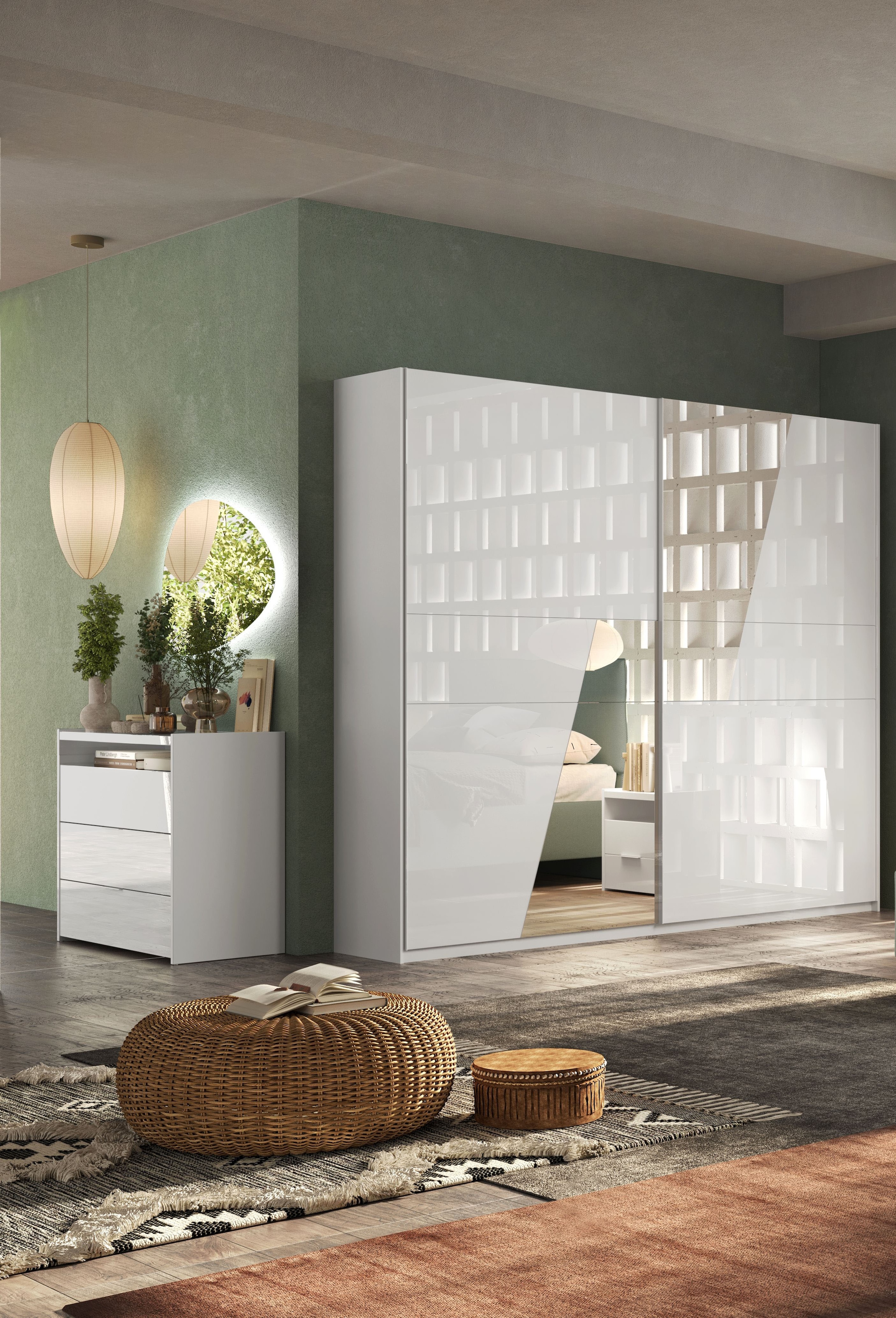INOSIGN Schwebetürenschrank »Malmo, Kleiderschrank mit 2 Schiebetüren, Breite 276 cm, Höhe 240 cm,«, Weiss Hochglanz Lack, Front mit Spiegelfläche, Griffleisten aus Metall