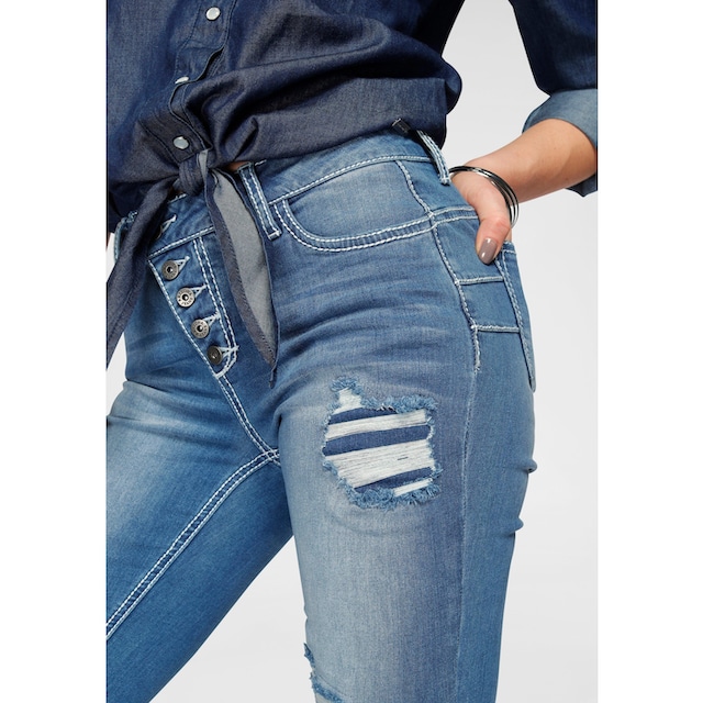 Arizona Slim-fit-Jeans »mit sichtbarer, schräger Knopfleiste«, Mid Waist  Trouver sur