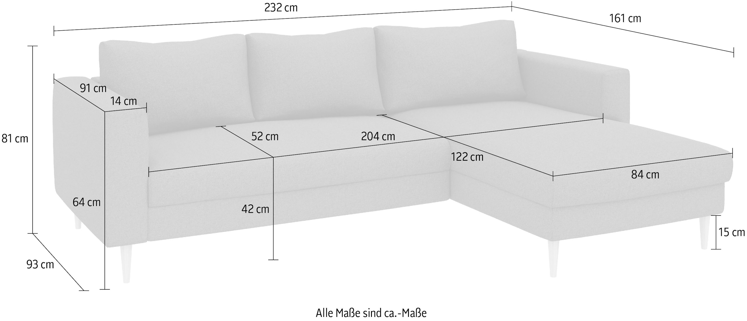 TRENDMANUFAKTUR Canapé d'angle »Amazing, wahlw. mit Schlaffunktion & Bettkasten, Fuss Buche lackiert« Recamiere beidseitig montierbar, L-Form,in Cord o. Struktur, B: 232 cm