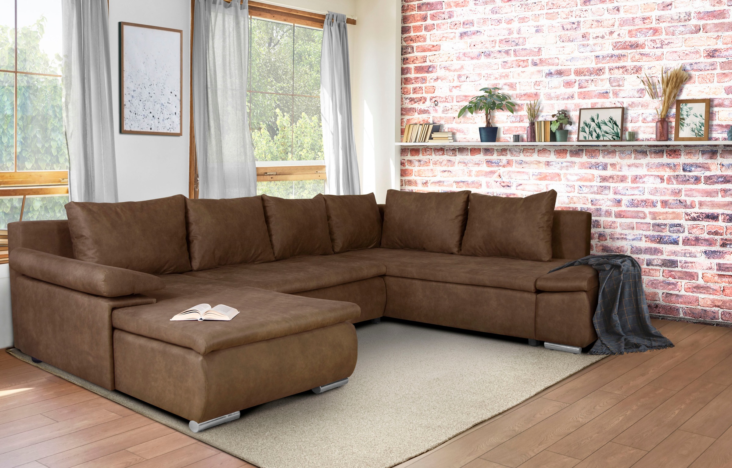 Home affaire Wohnlandschaft »Acra U-Form« mit Bettfunktion und Bettkasten, in Mattenoptik