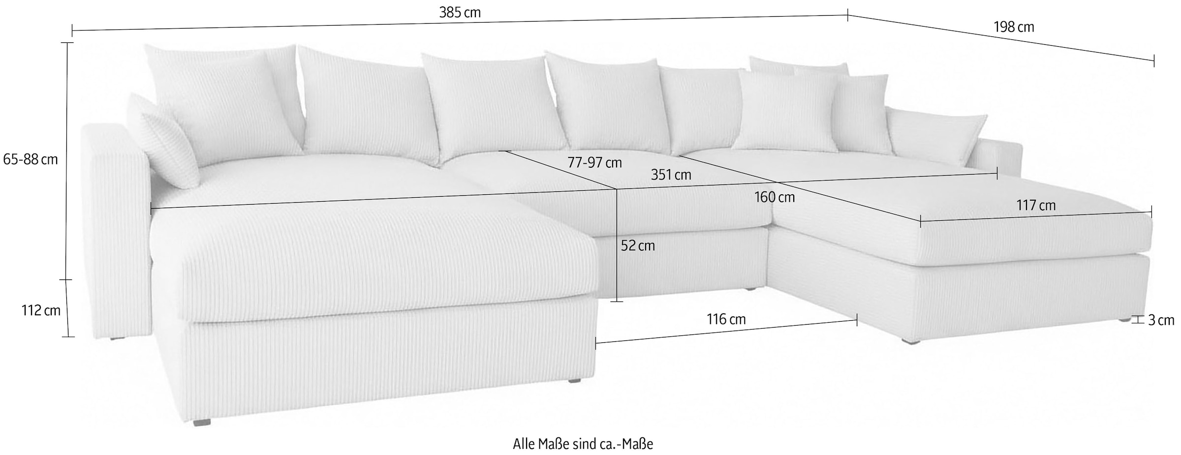 GOODproduct Paysage de salon »Cosy Lounge U-Form, Breite 385 cm« méga canapé recouvert de velours côtelé, avec ressorts et 5 coussins décoratifs
