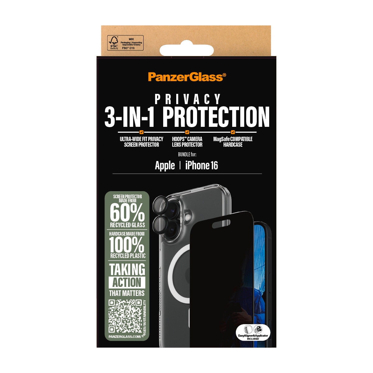 PanzerGlass Displayschutzglas »3-in-1 Privacy Protection«, für Apple iPhone 16, (Set, 3 St., bestehend aus Ultra-Wide Fit Privacy Glass, Hoops, Case), Displayschutzfolie, Set, Kameraglas, Cover, MagSafe, kratz- & stossfest