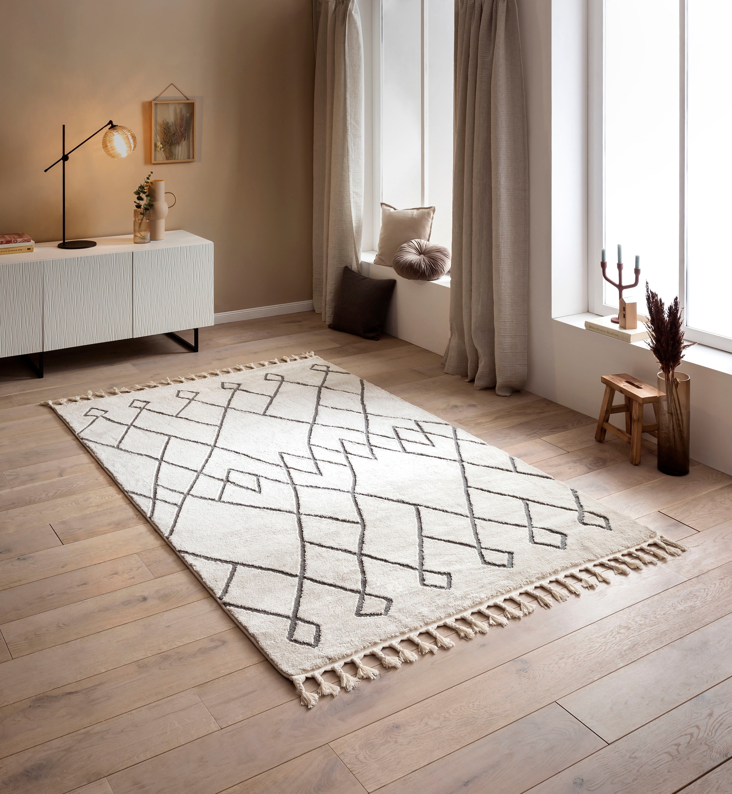 done.® Teppich »SEA«, rechteckig, 10 mm Höhe, modernes Scandi Design, kariert, Hoch-Tief Effekt, mit Fransen