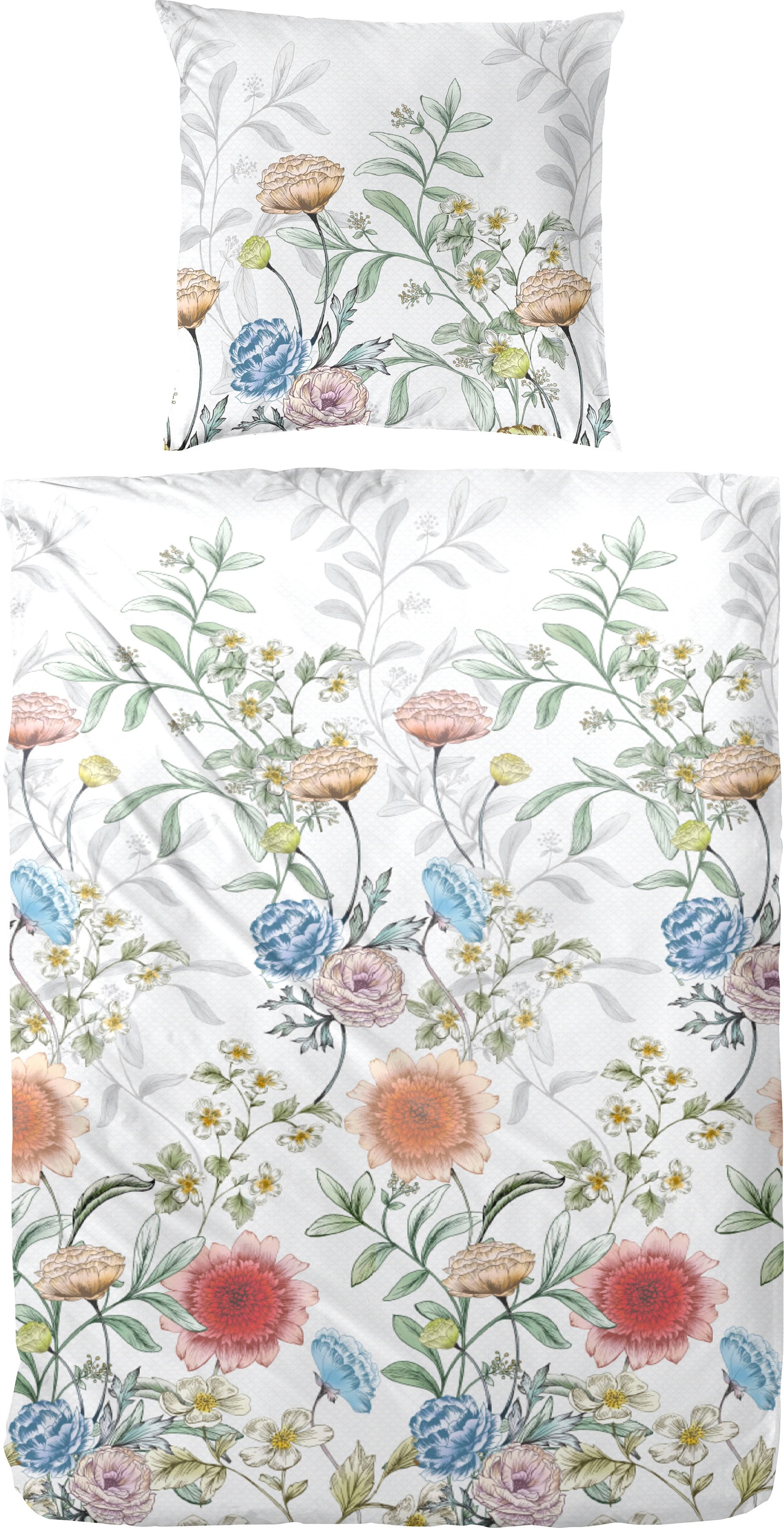 Image of Primera Bettwäsche "Mako-Satin-Bettwäsche Gartenparty" 2 Stk. mit übereinanderliegenden floralen Mustern