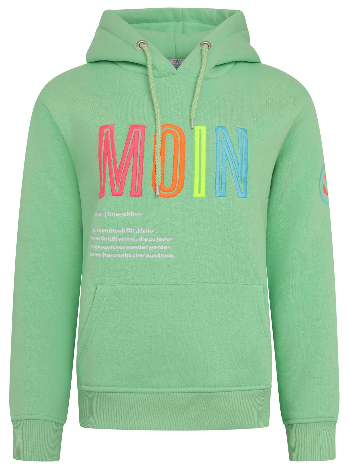 Zwillingsherz Sweat-Hoodie, mit aufgesticktem "MOIN"-Schriftzug in Neonfarben