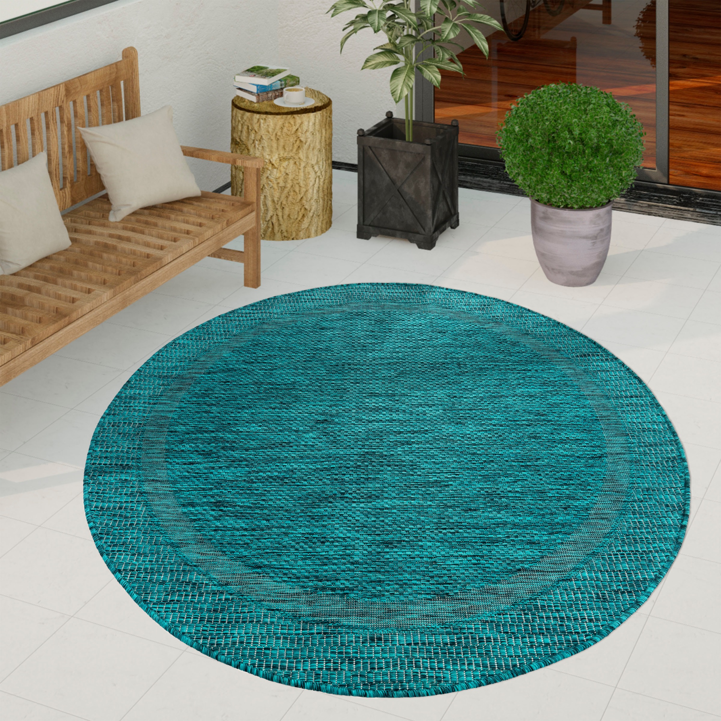 Paco Home Teppich »Roma 272« rund 4 mm Höhe Flachgewebe, meliert, mit dezenter Bordüre, In- und Outdoor geeignet