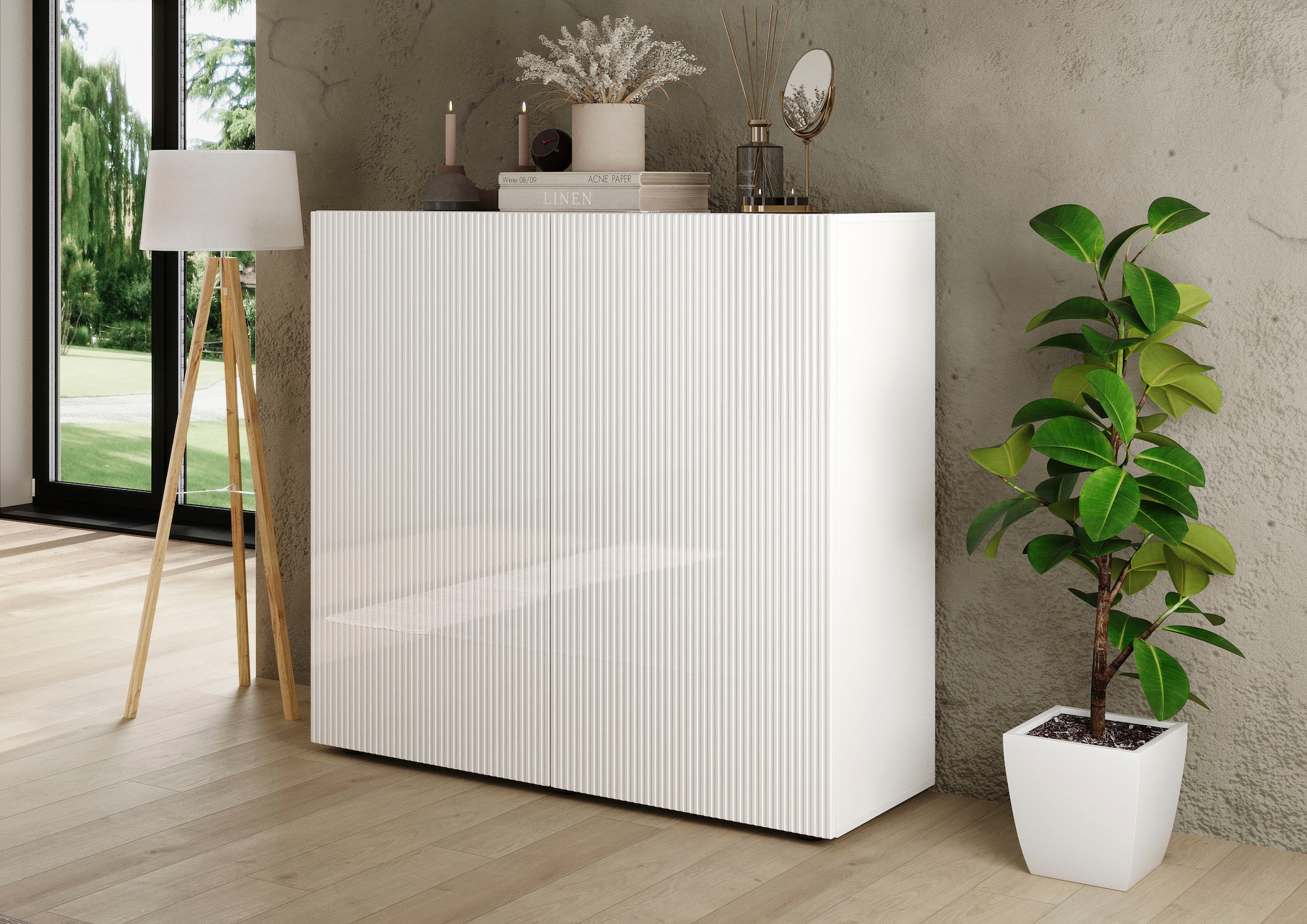 INOSIGN Highboard »Rio, Höhe 111 cm, Breite 120 cm, Stauraumschrank, Kommode, 2 Türen,«, geriffelte MDF-Fronten, modern u. elegant, viel Stauraum