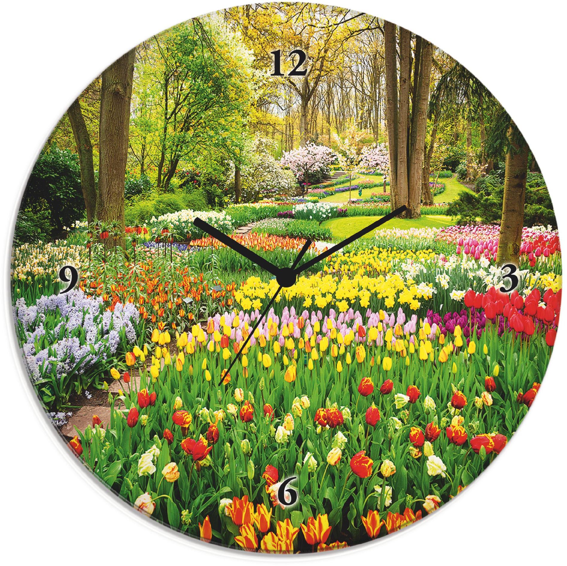 Image of Artland Wanduhr "Glasuhr rund Tulpen Garten Frühling" wahlweise mit Quarz- oder Funkuhrwerk, lautlos ohne Tickgeräusche