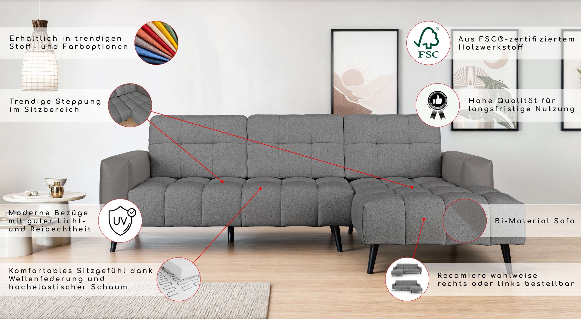 INOSIGN Ecksofa »SERINE mit Recamiere rechts/links bestellbar, Masse B/H/T 253/91/161 cm«, L-Form mit Wellenunterfederung, 3 Rückenkissen, ohne Bettfunktion