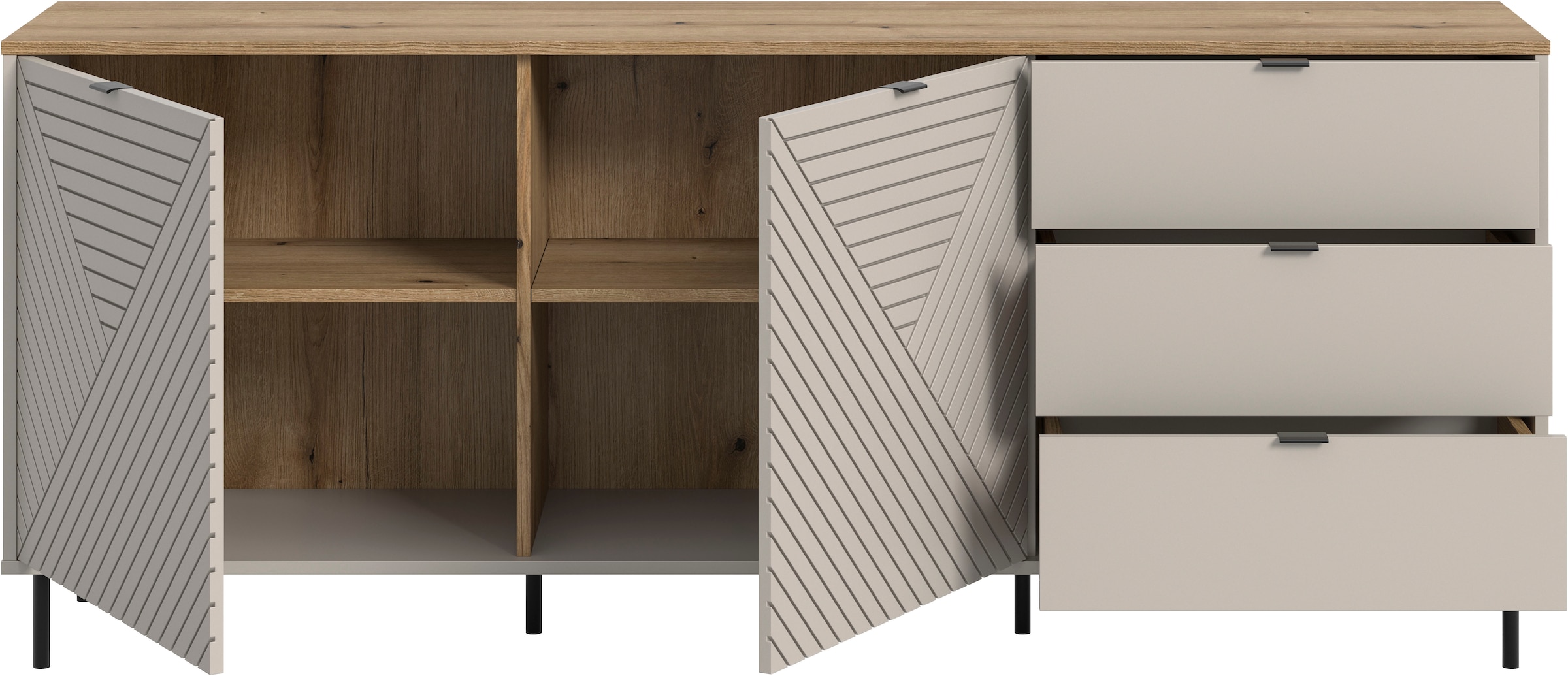 Home affaire Sideboard »RAITA, Breite 184 cm, Front mit Desgin-Fräsung, 2 Türen, viel Stauraum« moderne Farbkombi, individuell einsetzbar, Griffe & Füsse aus Metall,  Kommode, Anrichte, Schrank, Highboard, TV-Board