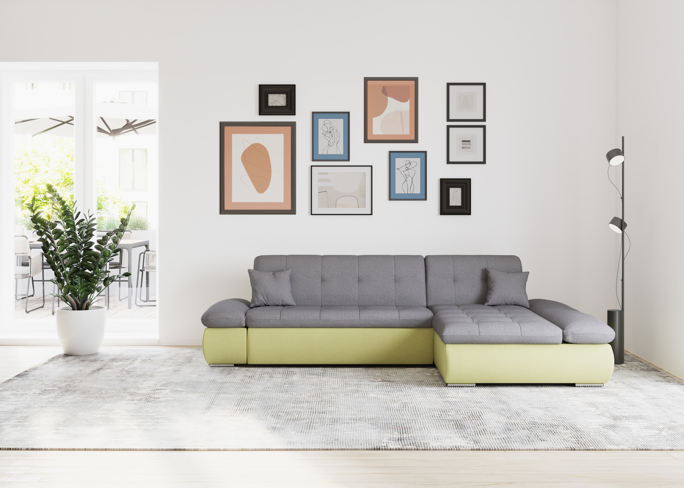 Image of DOMO collection Ecksofa "MORIC 300x172 cm, XXL-Sofa mit viel Platz, L-Form, auch in Cord" wahlweise mit Bettfunktion und Armteilverstellung, gelb-schlamm