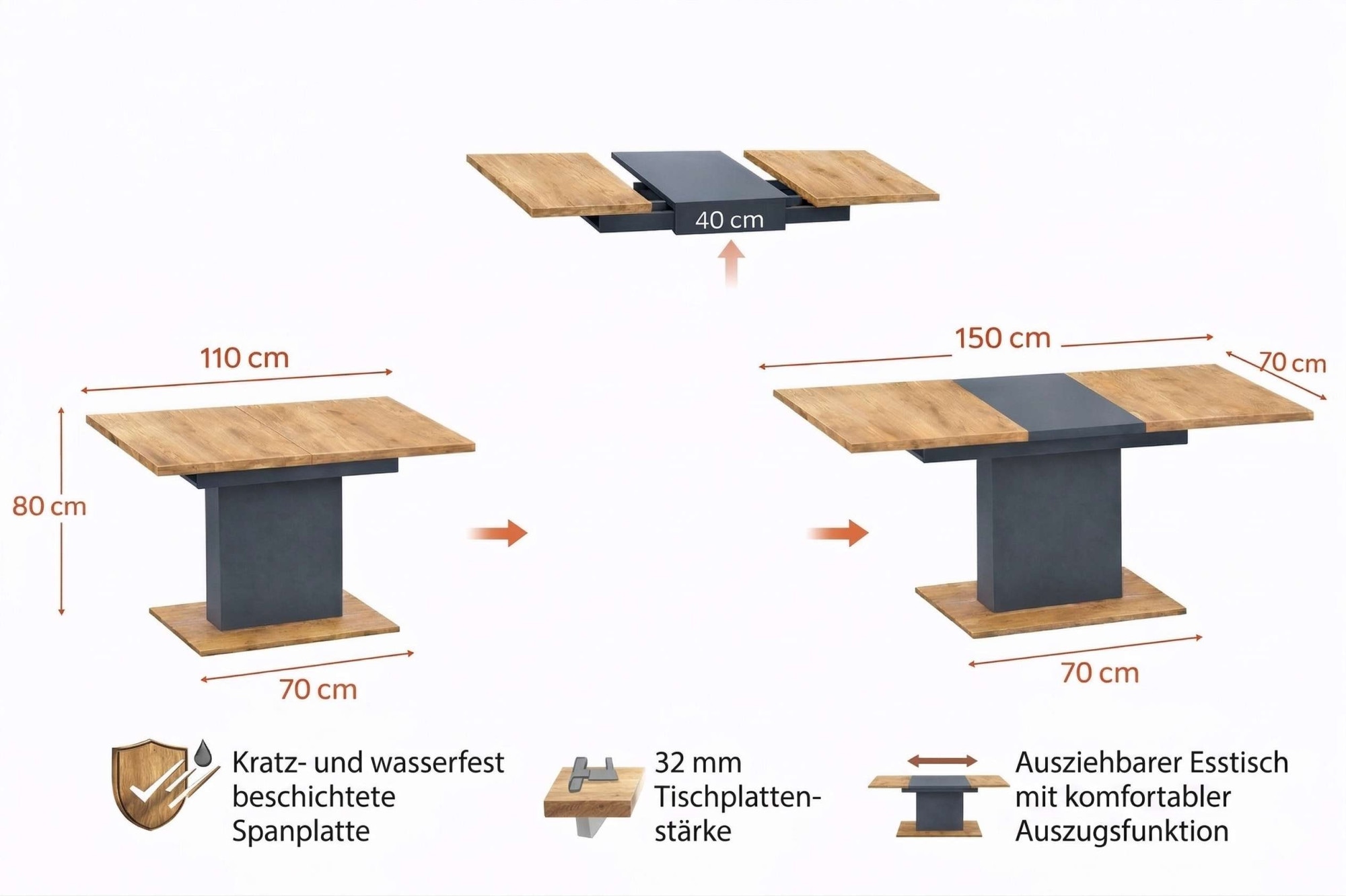 GOODproduct Table de salle à manger »Boston, Säulentisch, Speisetisch, Küchentisch, ausziehbar bis 150 cm« Place pour jusqu'à 6 personnes, extensible grâce à une rallonge