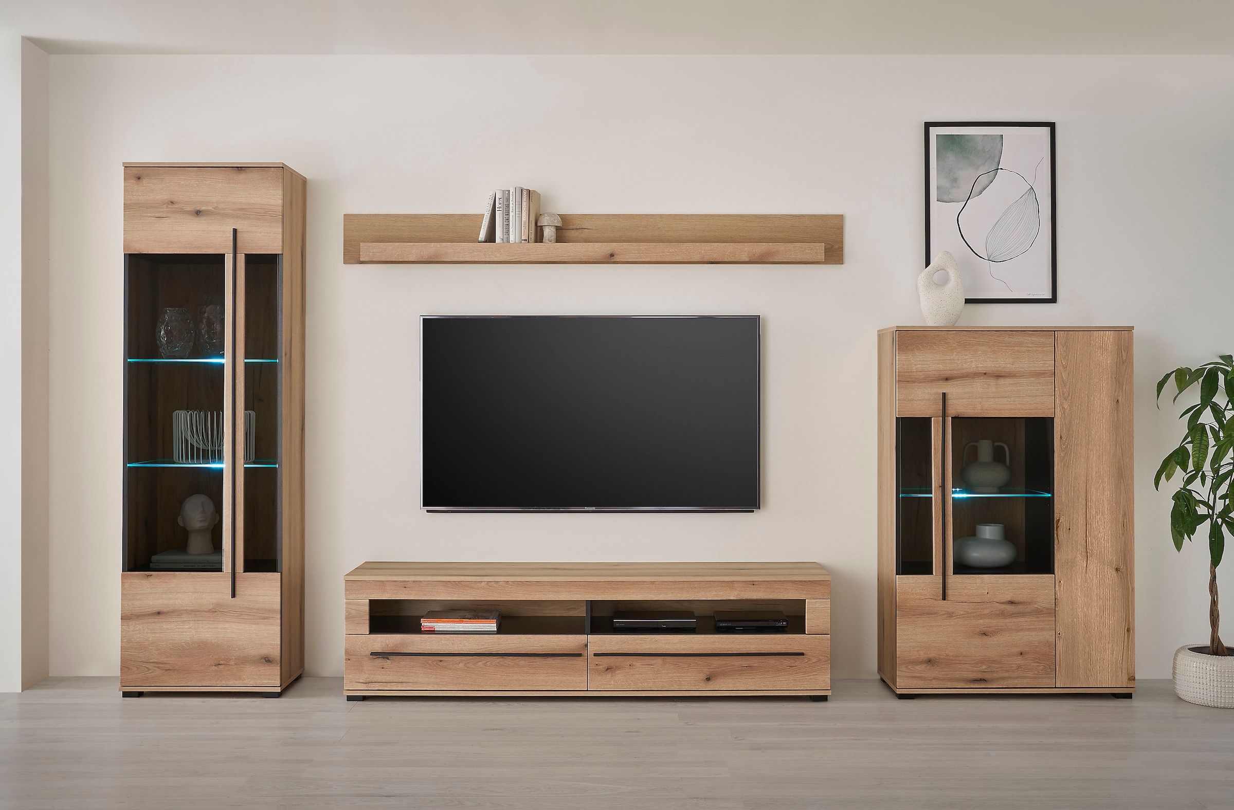 INOSIGN Wohnwand »Cantara, moderne Anbauwand, Wohnzimmer-Set, in Eiche Evoke oder Weiss«, (Set, 4 St.), enthält zwei Vitrinen, ein Lowboard und ein Wandboard