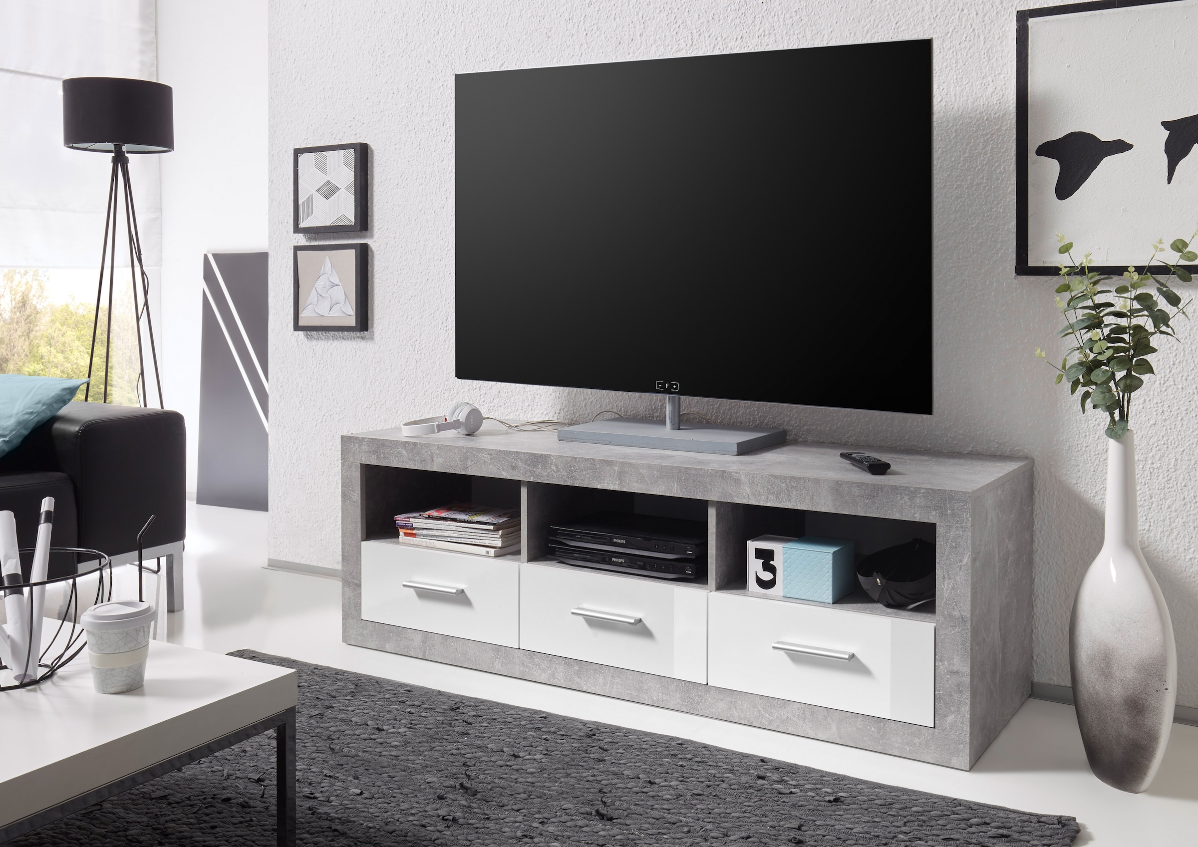 Image of HBZ Lowboard "Stone weiss Hochglanz, TV Möbel bis 55 Zoll, BxHxT 147x49x45 cm" 1 Stk. tlg. Mit 3 offenen Fächer, 3 Schubkästen, 1 Kabeldurchführung