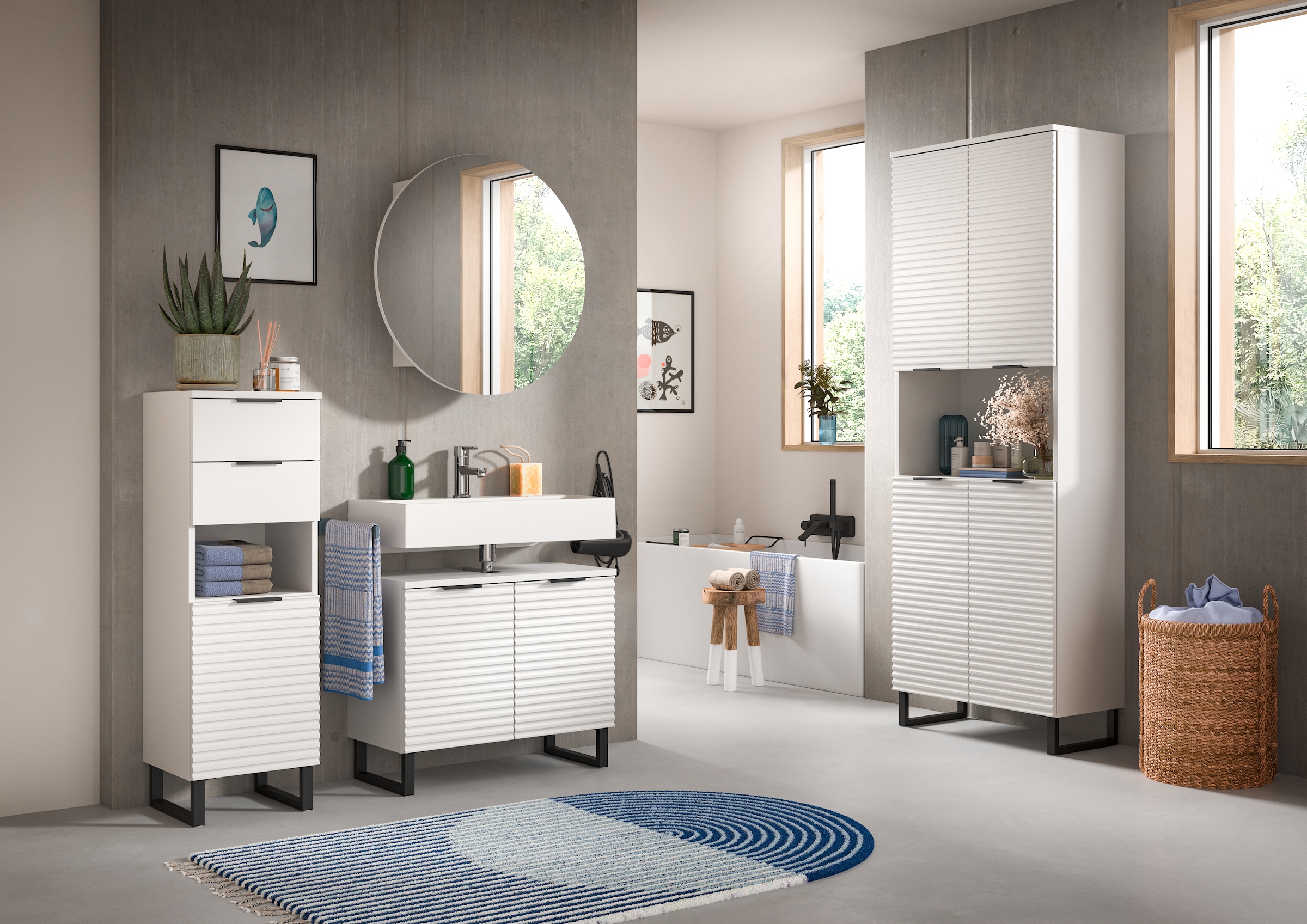 welltime Badmöbel-Set »Litica, Breite 205 cm, hochwertige Rillenfräsung, Metallkufen«, (4 St.), Unterschrank, Waschbeckenunterschrank, Spiegelschrank, Hochschrank