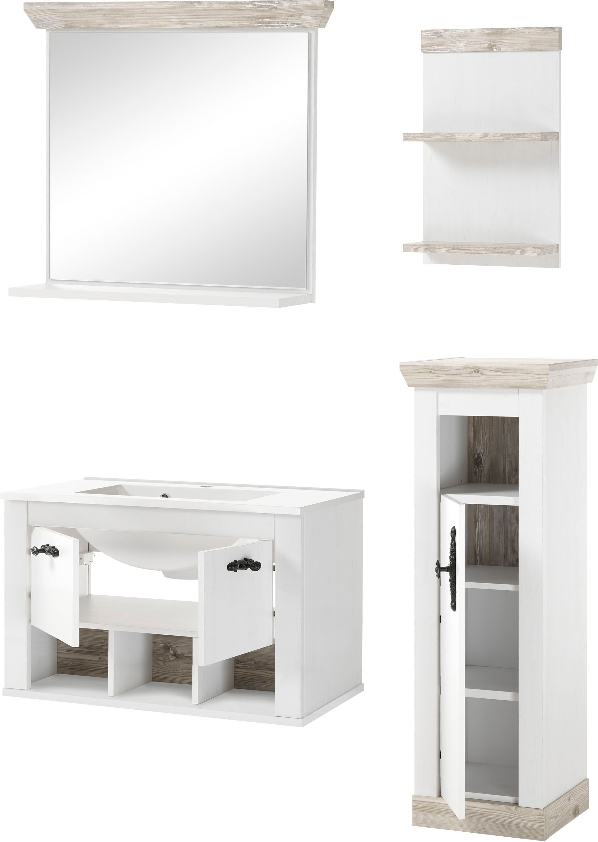 Home affaire Badmöbel-Set »Florenz, Bad im Landhausstil, 4-teiliges Badezimmer«, (4 St.), Hänge-Waschtisch, Schrank, Wandboard und Spiegel, in Pinie Weiss