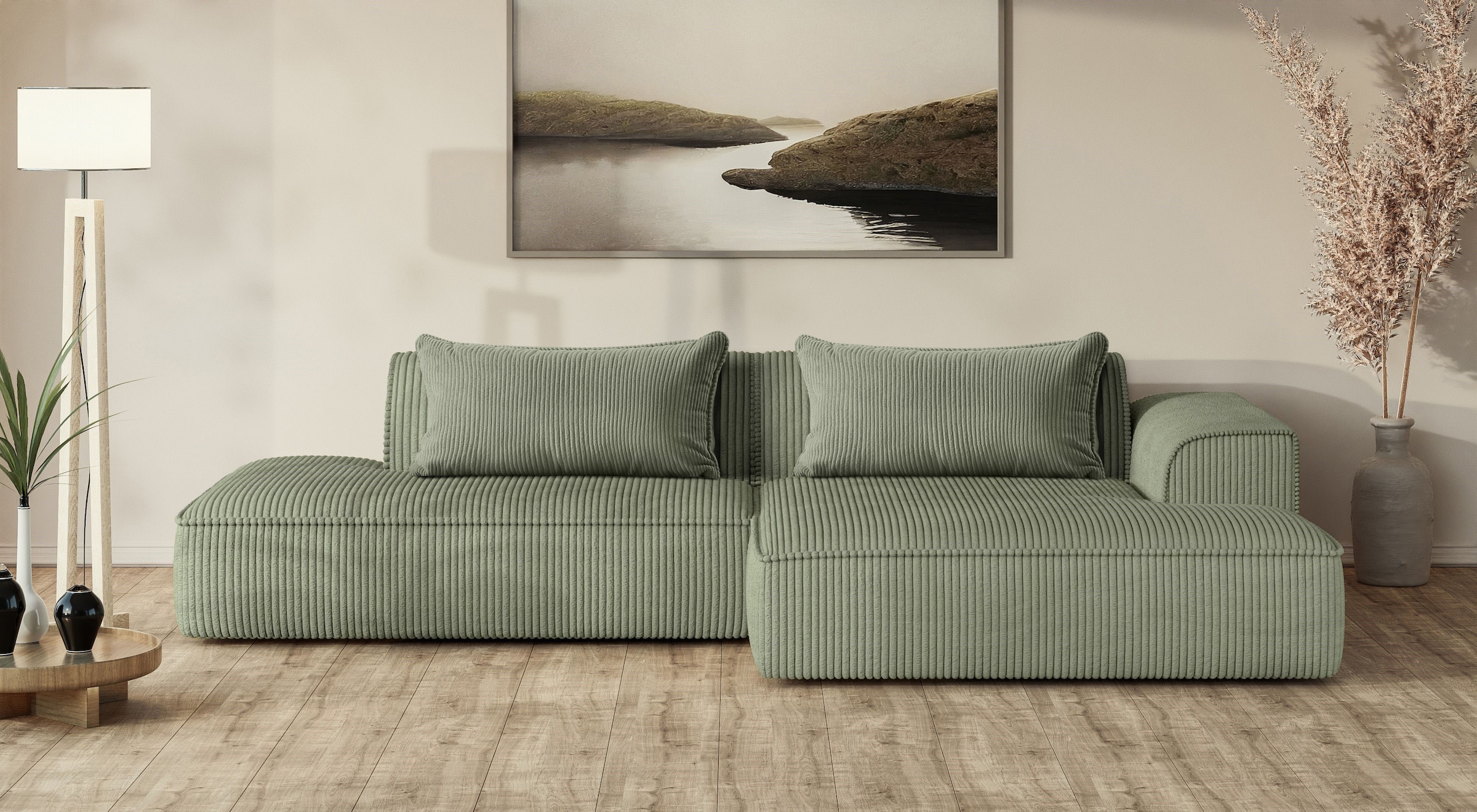 exxpo - sofa fashion Canapé d'angle »Billund modernes Designsofa, bequem und elegant, Breite 294cm, L-Form« modern, L-form, Wellenfedern, inklusive 2x Nierenkissen