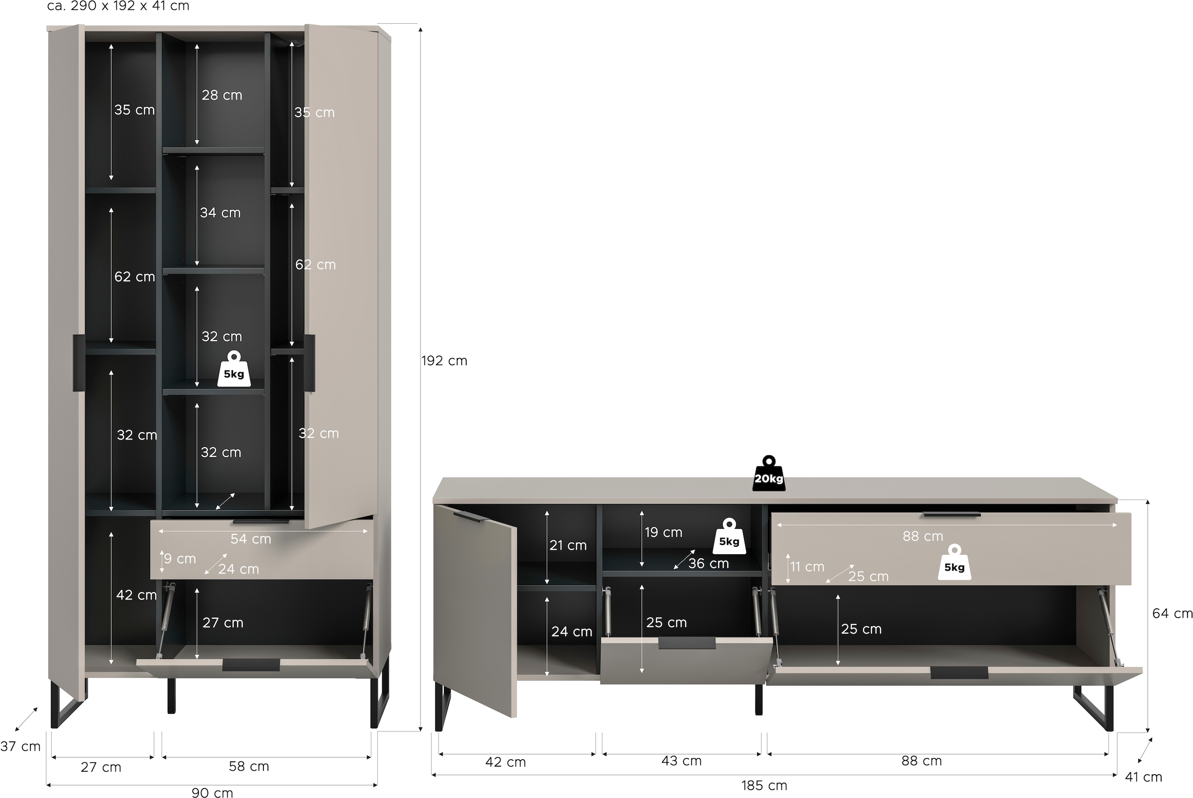 INOSIGN Wohnwand »ADIO, Breite 290 cm, 2-teiliges Set, mit Metall-Kufenfüsse« Set, bestehend aus: Mehrzweckschrank und Lowboard, 2 Stk. tlg.