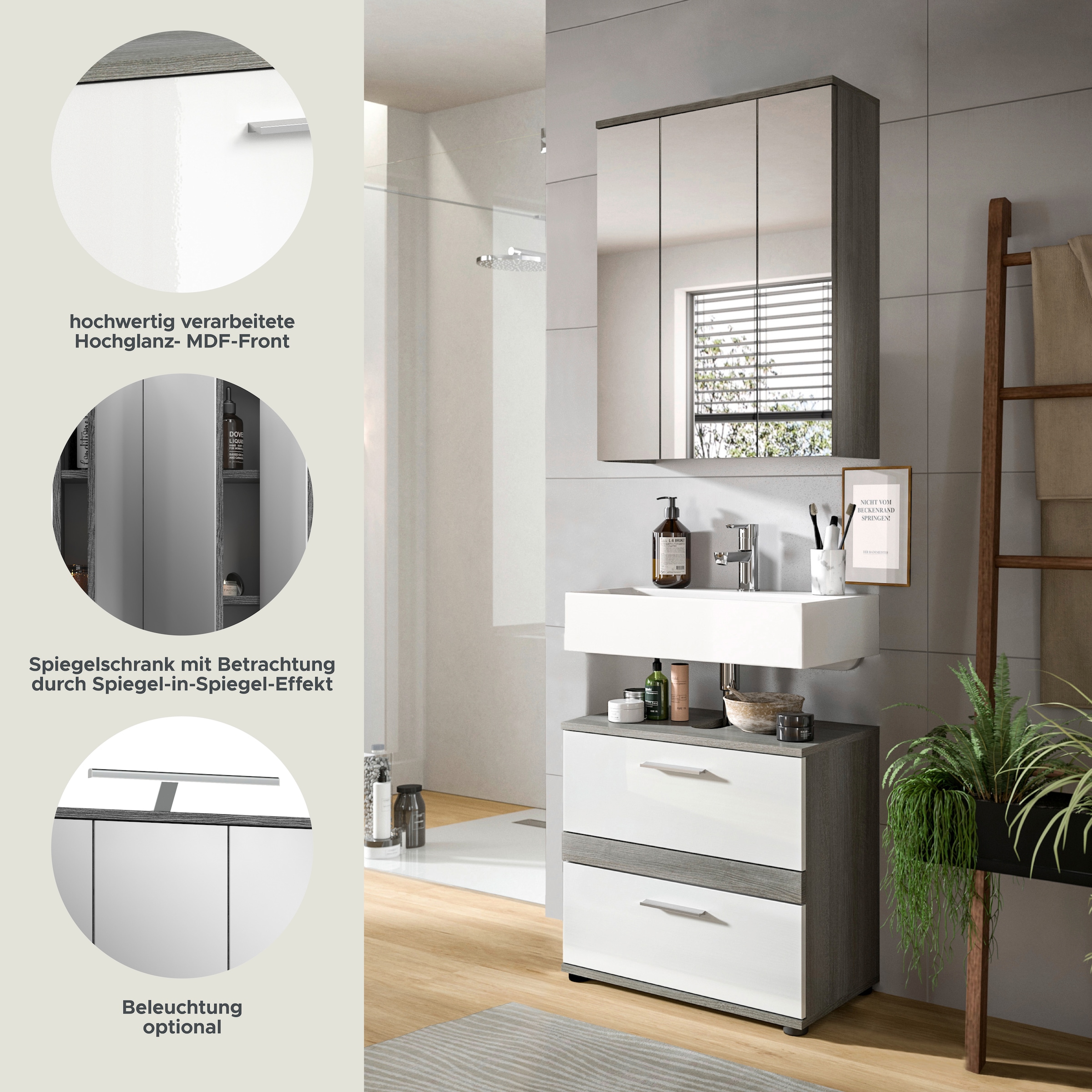 welltime Badmöbel-Set »Lucca, bestehend aus: 1x Waschbeckenunterschrank & 1x Spiegelschrank« Set, 2 Stk. tlg.