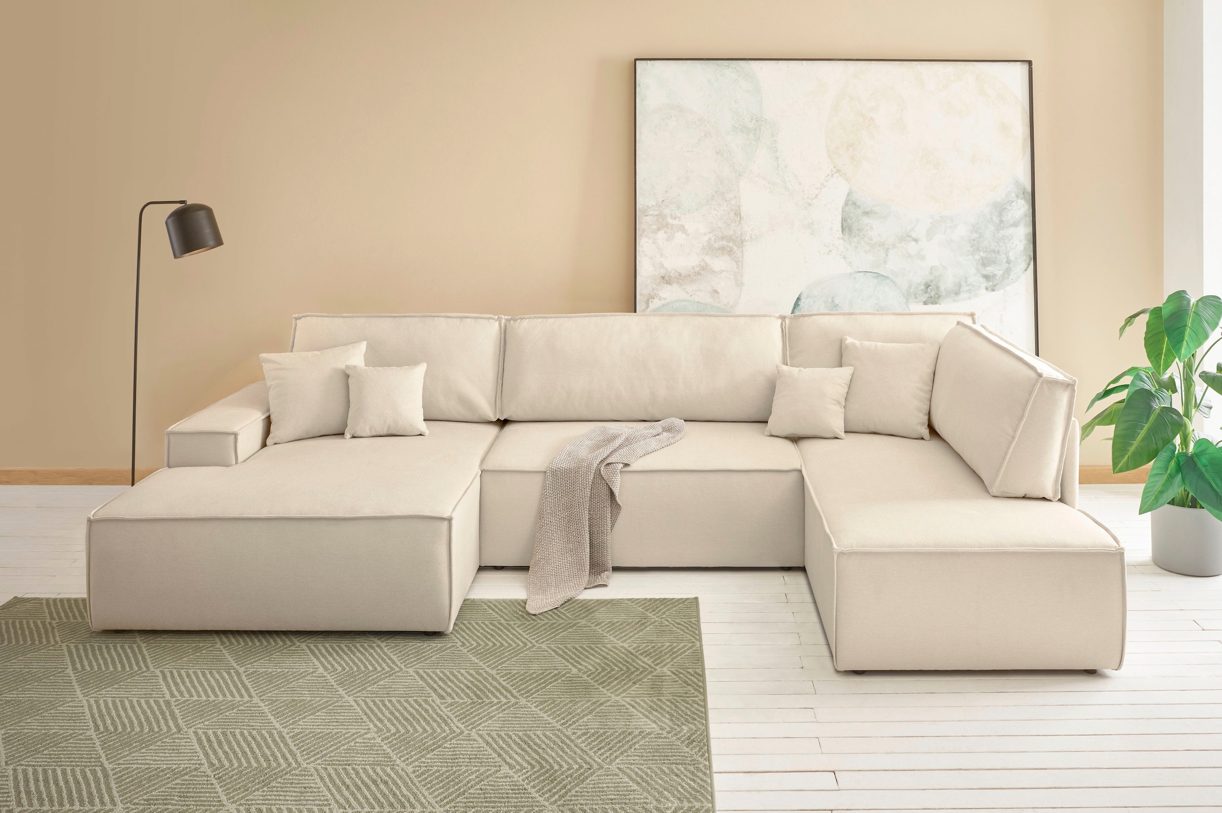 andas Wohnlandschaft »FINNLEY U-Form XXL 329 cm, Schlafsofa, Schlaffunktion m. Bettkasten«, (194/139 cm), Bouclé, Struktur und Cord