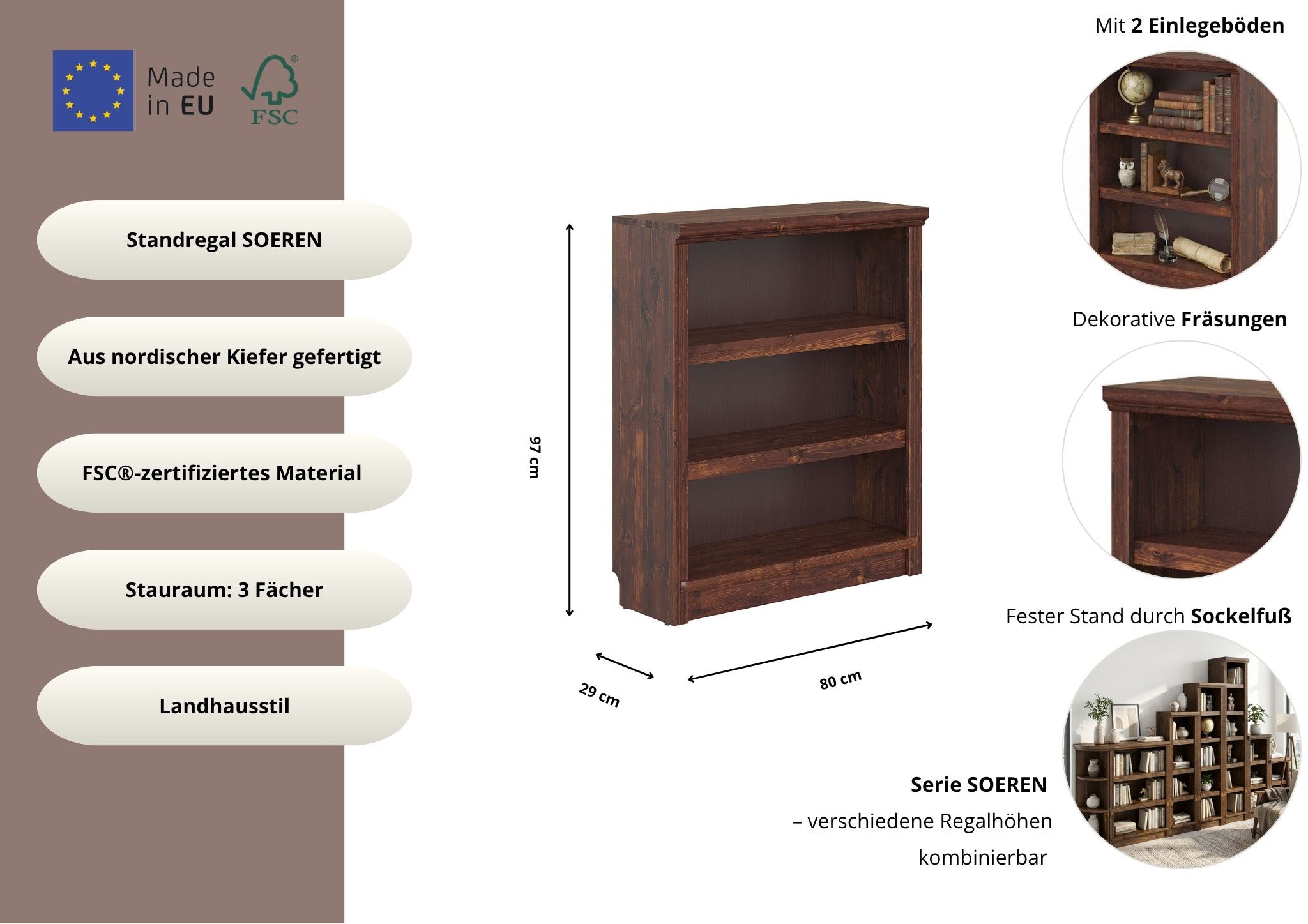 GOODproduct Étagère sur pied »Soeren Regal mit teilweise variabel einsetzbaren Einlegeböden« pin massif, certifié FSC®