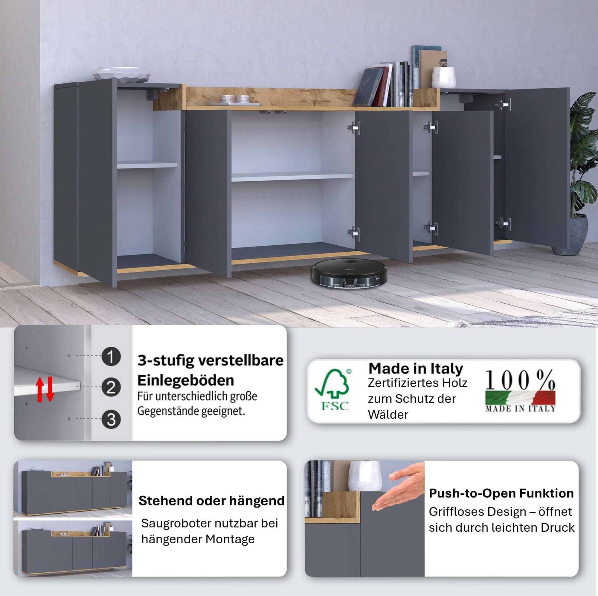 GOODproduct Buffet »BOLSENA, Kommode, Schrank,Lowboard mit 8 Fächer und offenes Ablagefach« 1 cuis tlg. stehend/hängend montierbar, Made in Italy, B/T/H: 200 × 35 × 71,2 cm