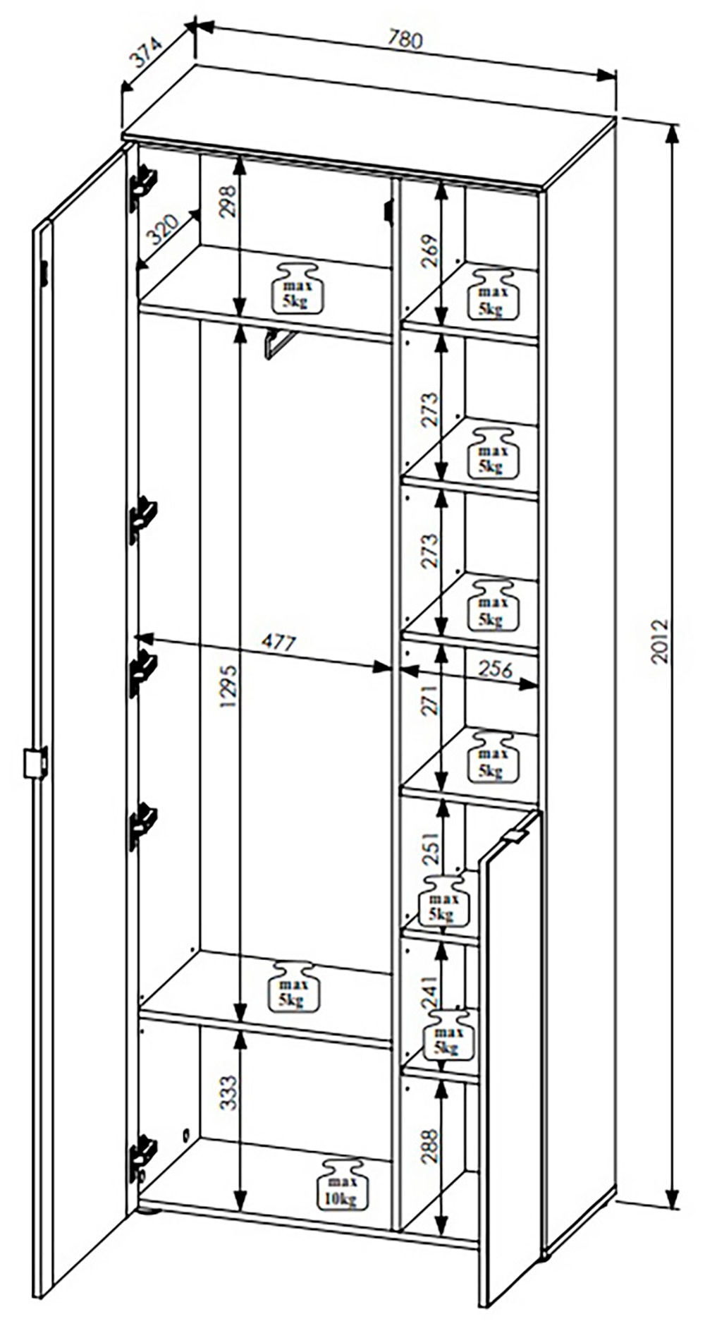 Innostyle Garderobenschrank »BARI Garderobenschrank mit Spiegel,  BxHxT 78x202x38 cm« 1 Stk. tlg. 2 türig, 10 Fächer, Softclose, ABS Kantenschutz, Kleiderstange