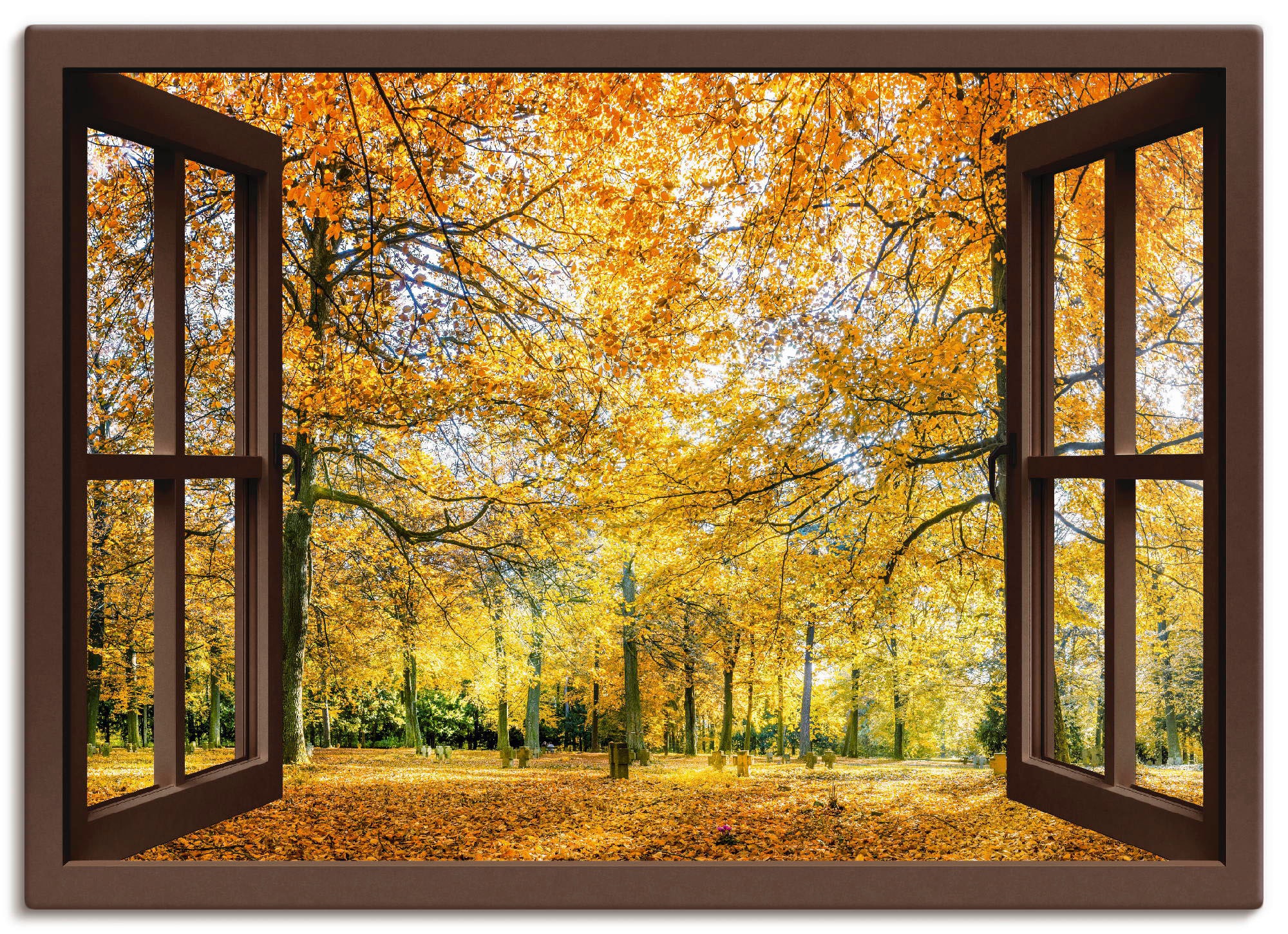 Image of Artland Wandbild »Fensterblick - Herbstwald Panorama«, Fensterblick, (1 St.), in vielen Grössen & Produktarten -Leinwandbild, Poster, Wandaufkleber / Wandtattoo auch für Badezimmer geeignet bei Ackermann Versand Schweiz