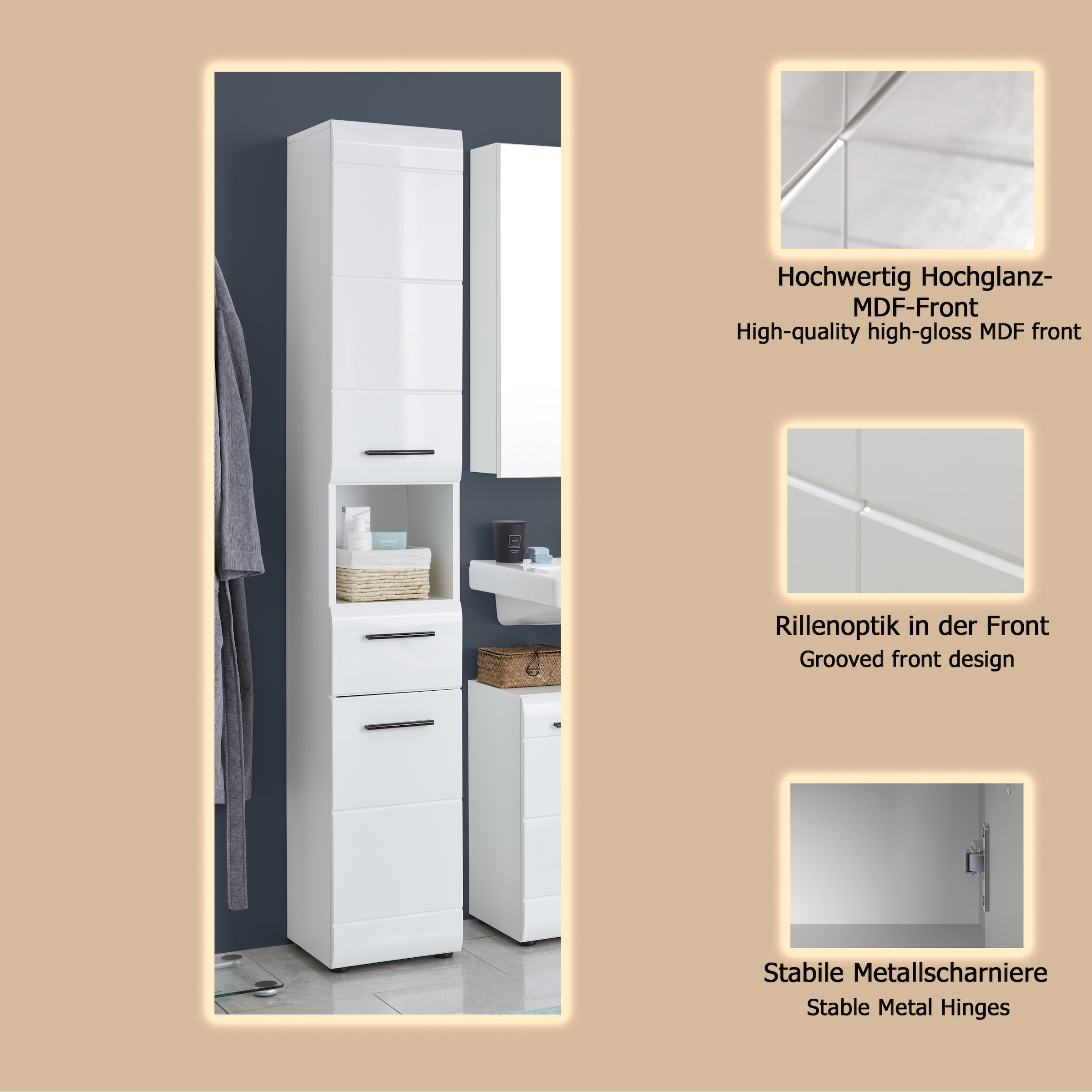 welltime Hochschrank »Sovana« Badschrank mit einer Schublade und 5 Fächern - (B/T/H) 30/31/182 cm