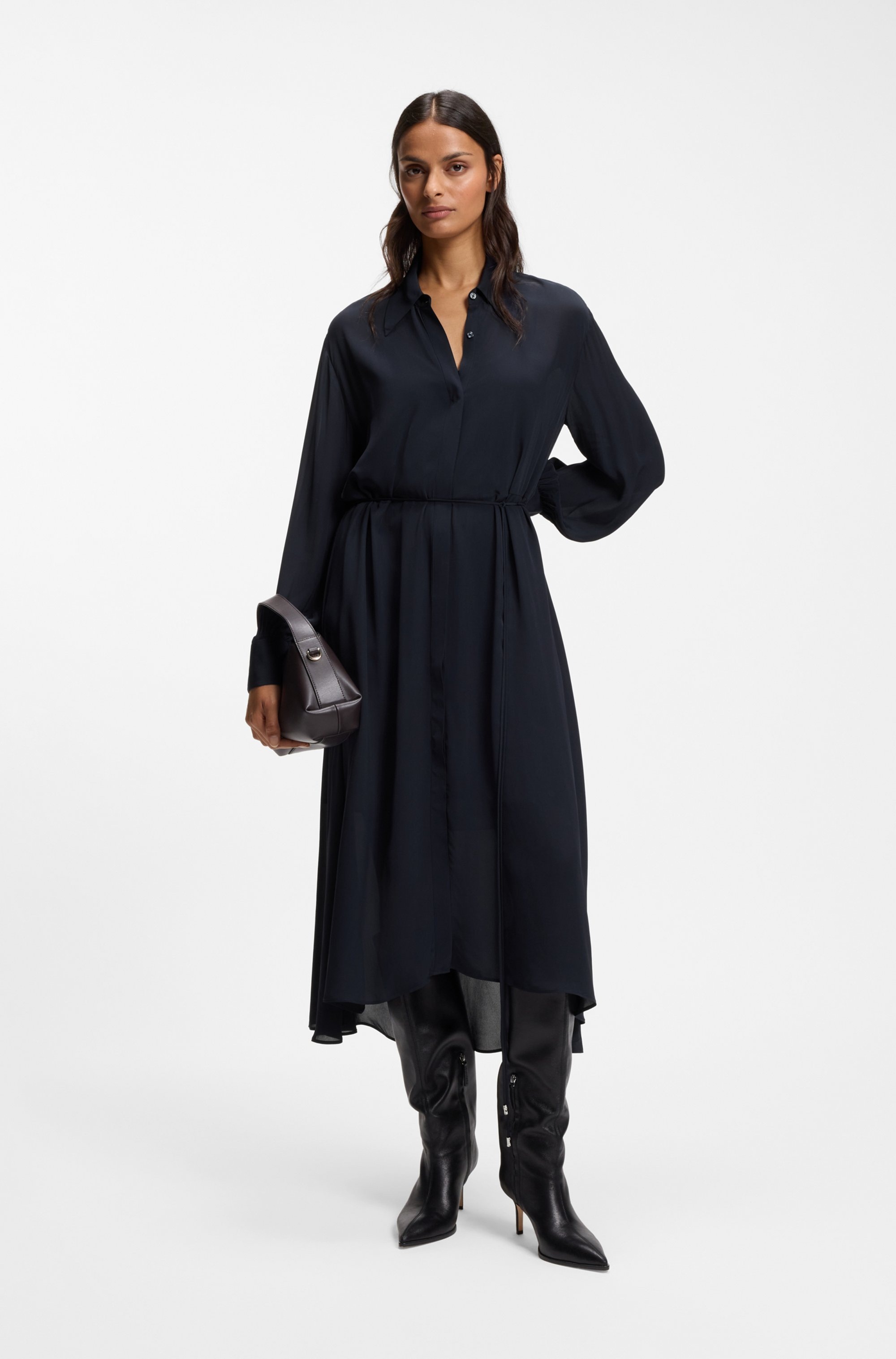 BOSS ORANGE Robe chemisier »Dristella Premium Damenmode« en crêpe de Chine, longueur midi