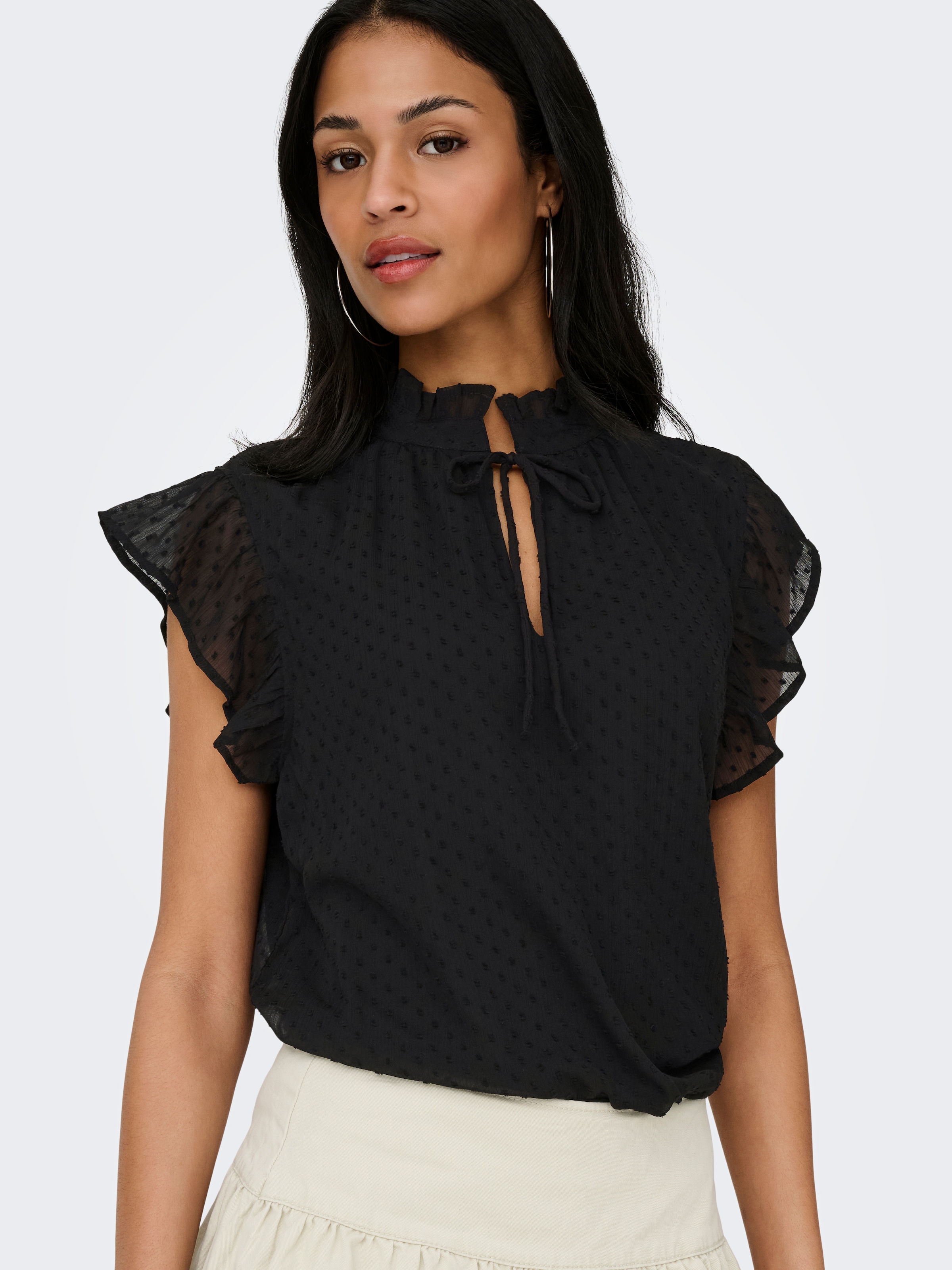 ONLY Spitzenbluse »ONLLANDAU DOBBY FRILL V-NECK TOP WVN« Kunstfaser